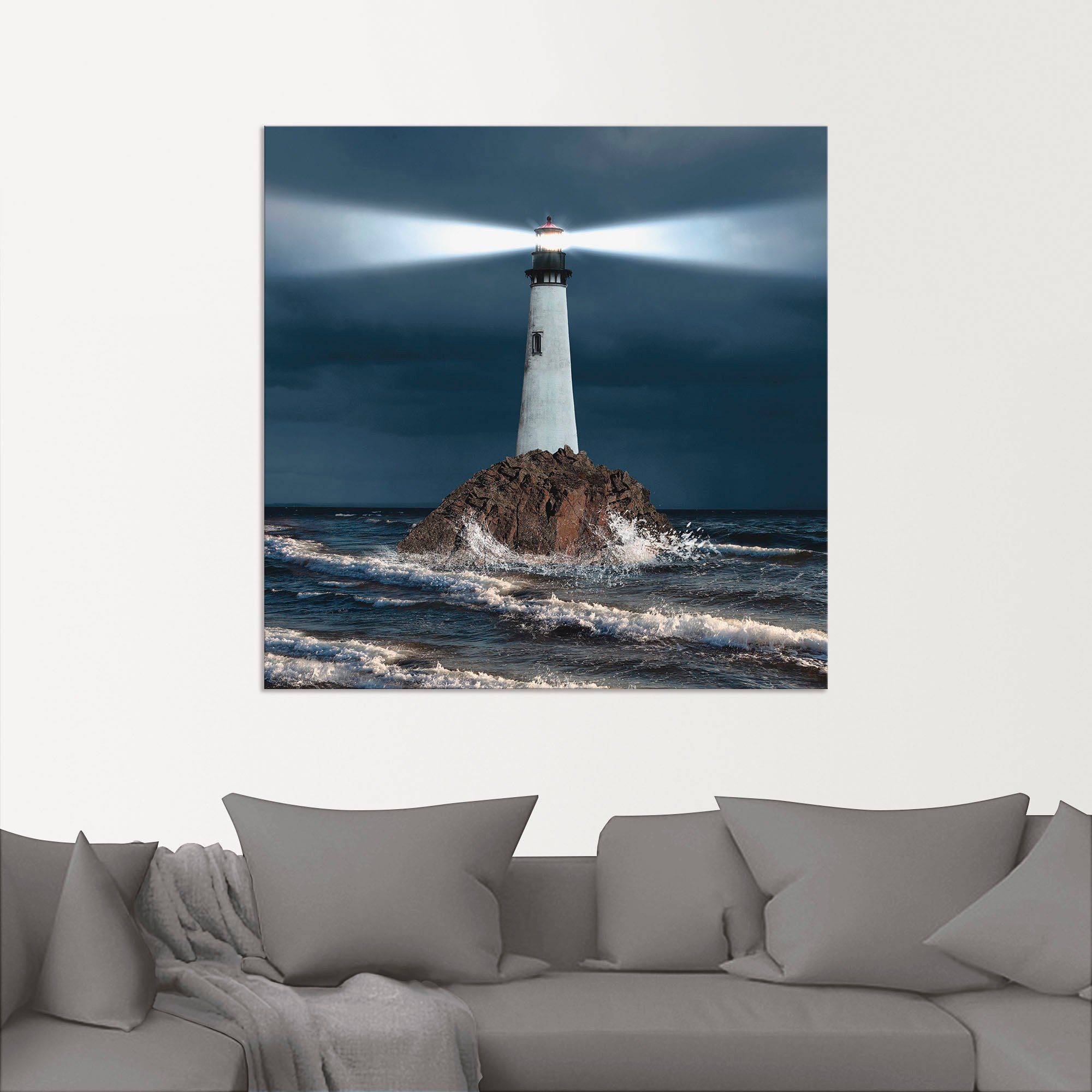 Artland Artprint van vuurtoren met lichtbundel als artprint van aluminium, artprint voor buiten, artprint op linnen, poster, muursticker
