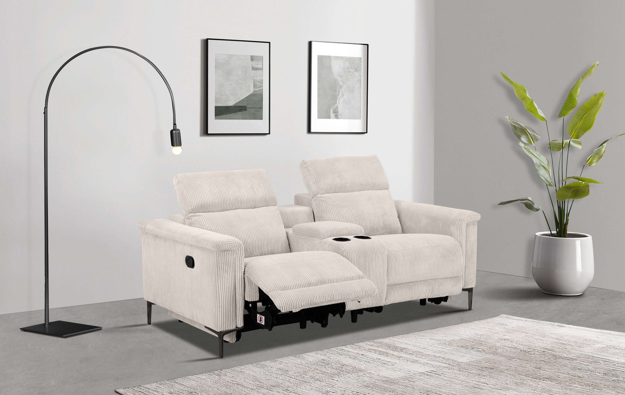 Places of Style 2-zitsbank Lund in cord, 2-zits bioscoopbank, tv-fauteuil, multimedia-sofa, USB-A met elektrische of handmatige relaxfunctie, bekerhouder en opbergruimte