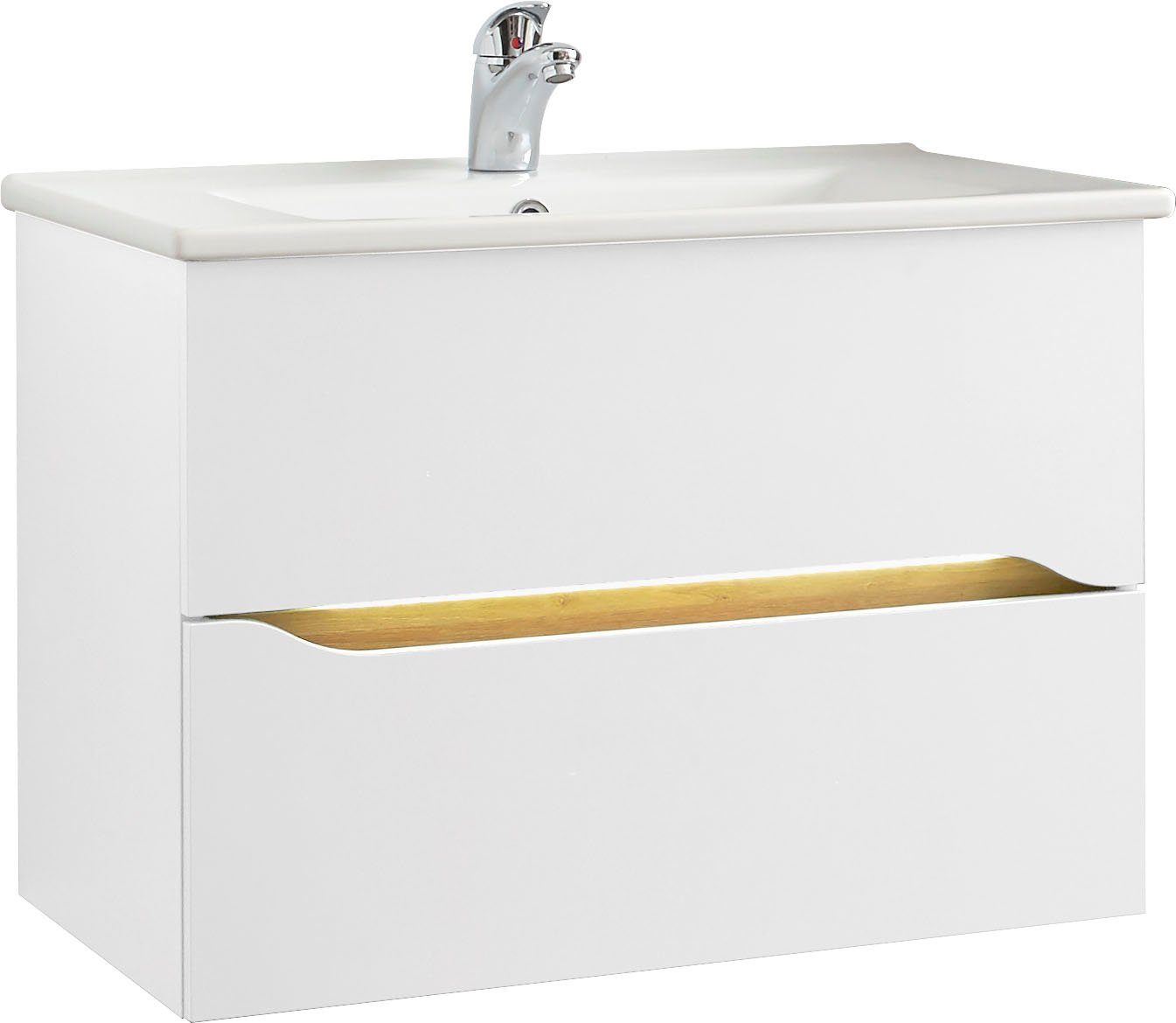 Saphir Badkamerserie Quickset 5-delig, keramische wastafel en LED-spiegelkast Halfhoge kast, onderkast, hangend kastje, inclusief deurdemper, 7 deuren (7-delig)