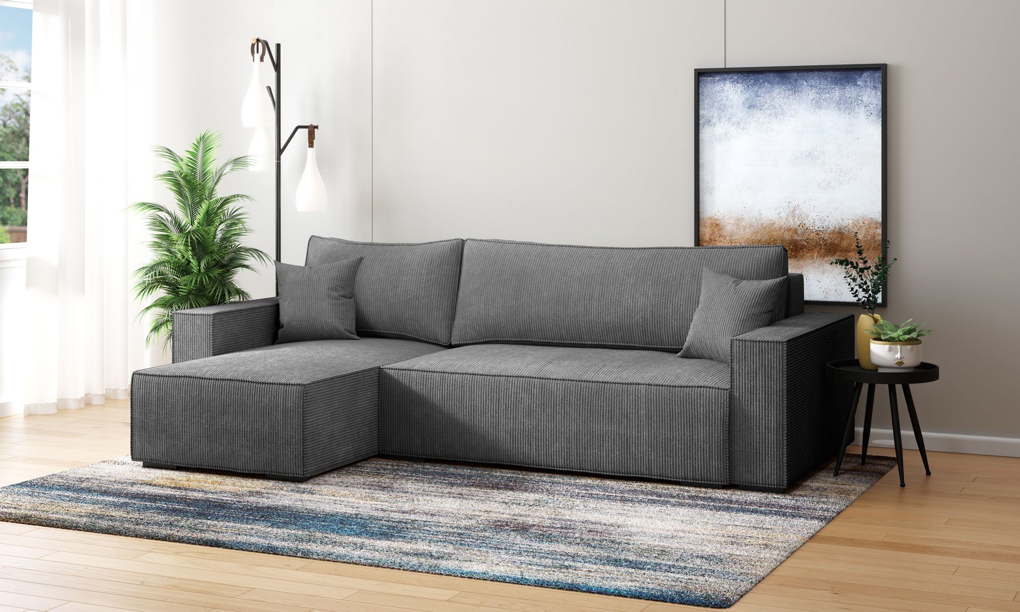 INOSIGN Hoekbank Winton ribfluwelen bank/slaapbank 253 cm Ribfluweel, omkeerbare recamiere, slaapfunctie (130/208 cm), bedbox grijs, hoekbanken
