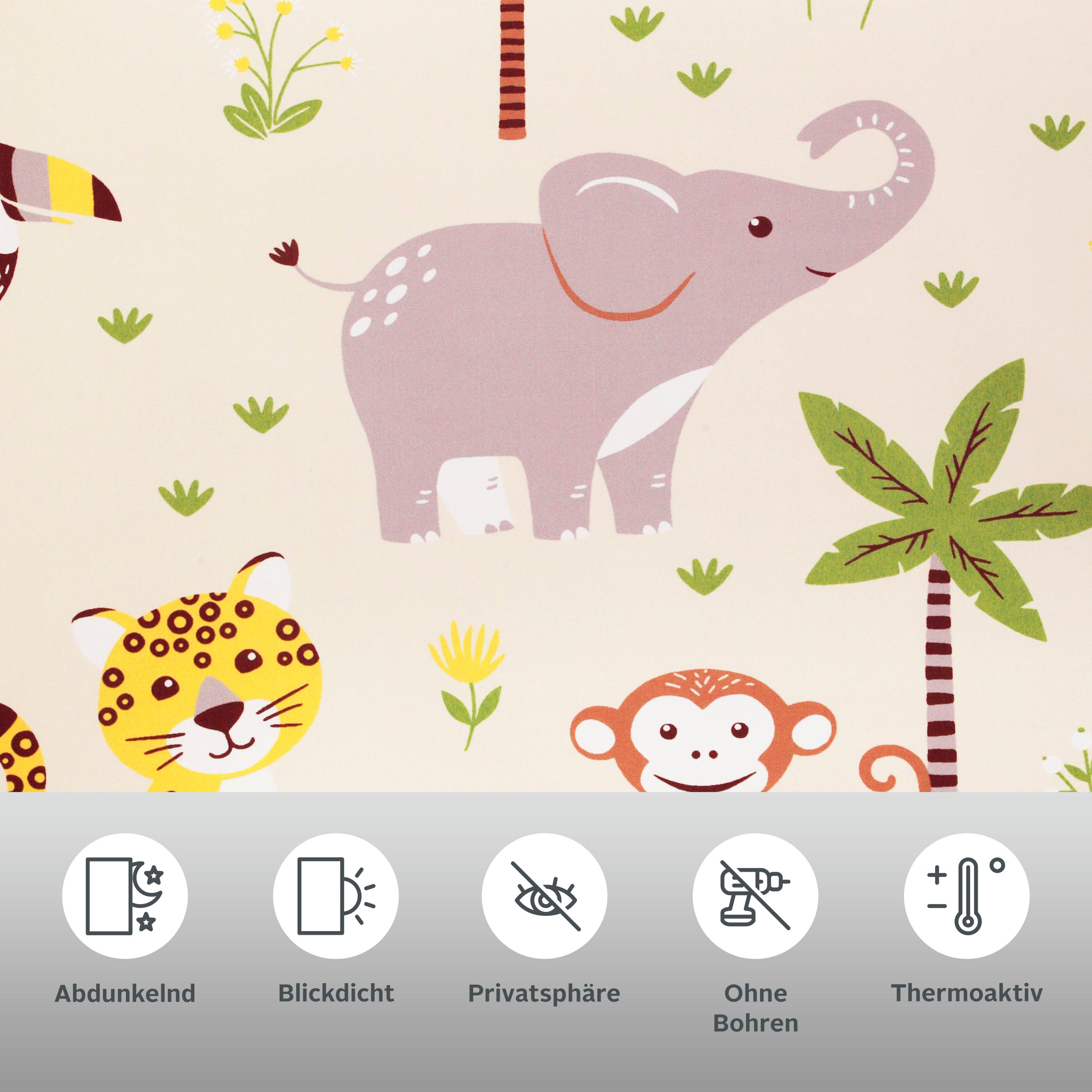 Lüttenhütt Rolgordijn Jungle Klemmfix, vaste maat, dieren, kinderrolgordijn, enkelzijdig bedrukt (1 stuk)