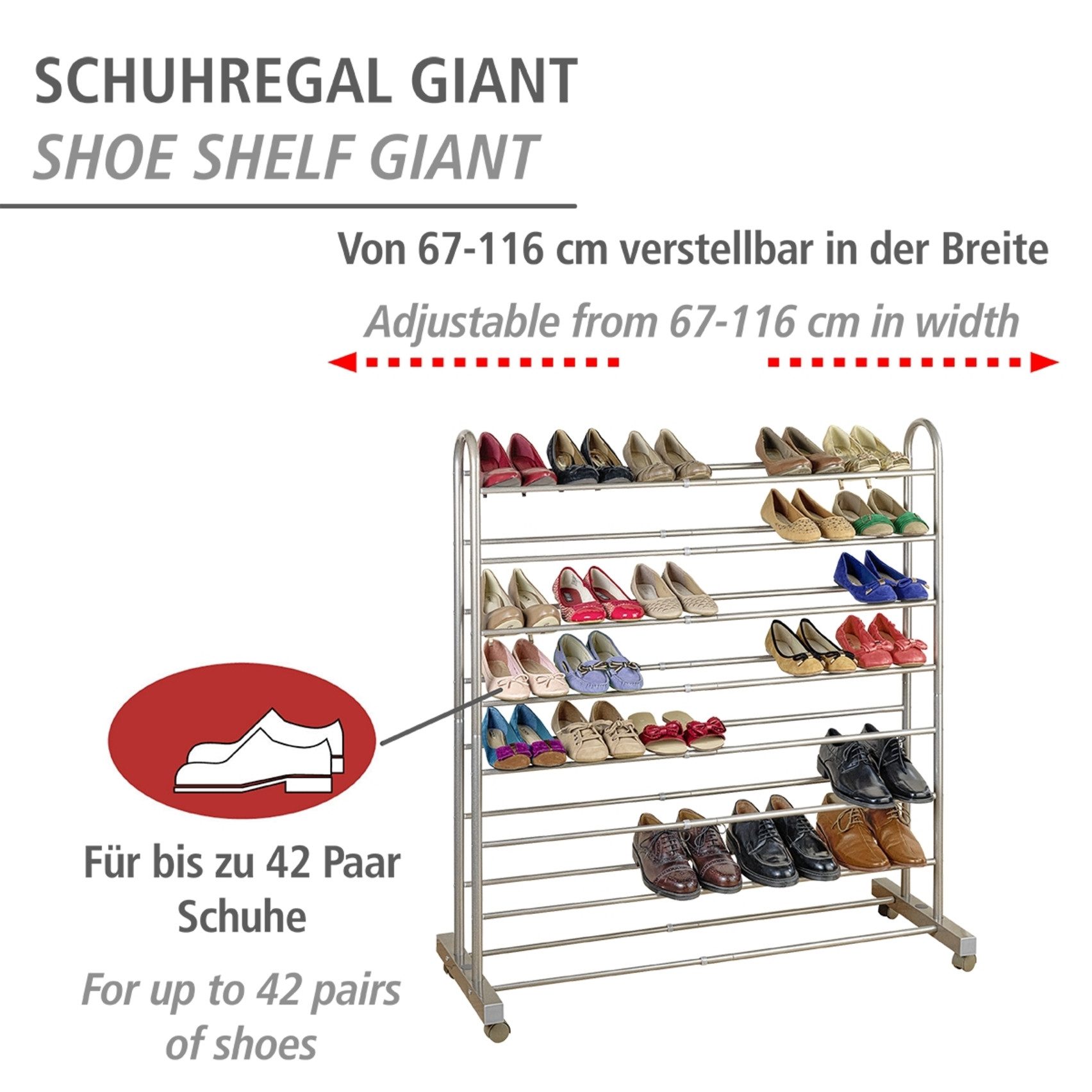 WENKO Schoenenrek Giant voor tot 42 paar schoenen, uitschuifbaar en verrijdbaar, met 4 wielen