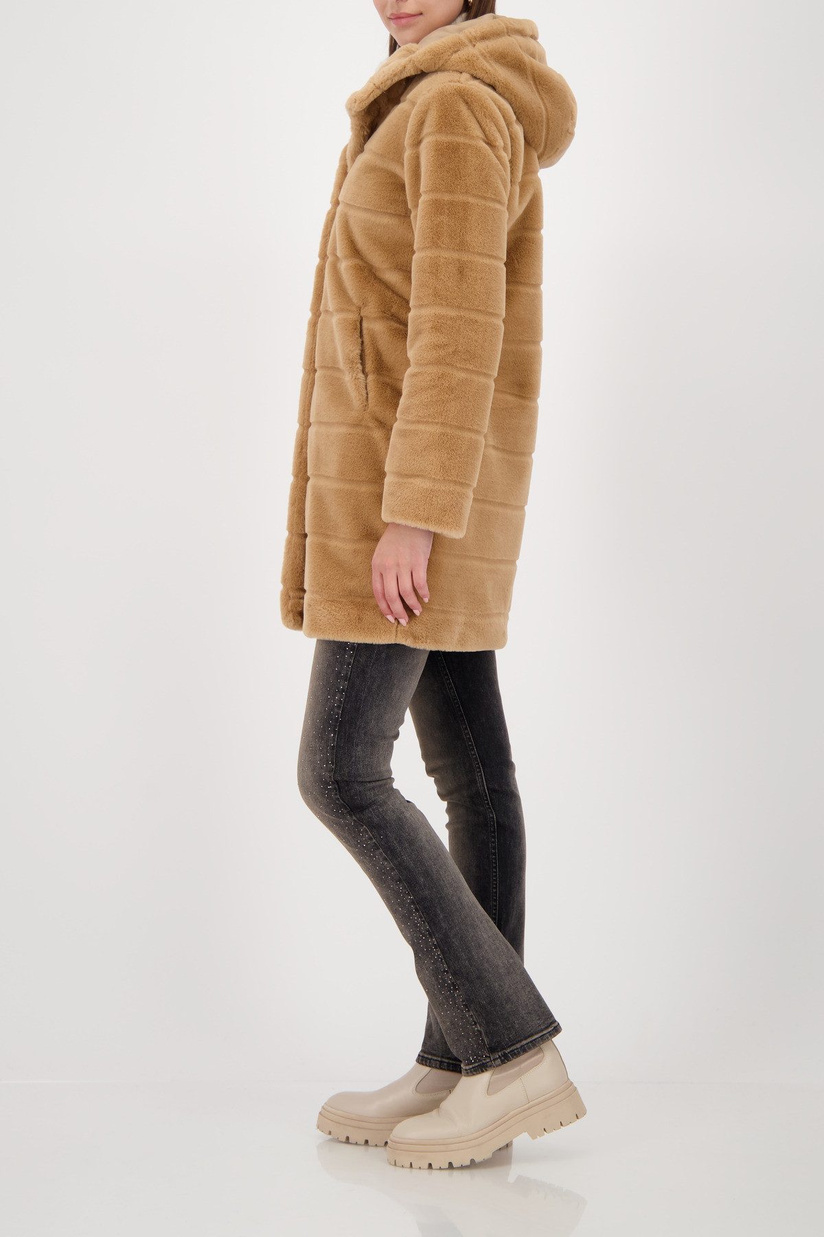 Monari Lange jas van imitatiebont Regular fit met ronde hals en capuchon