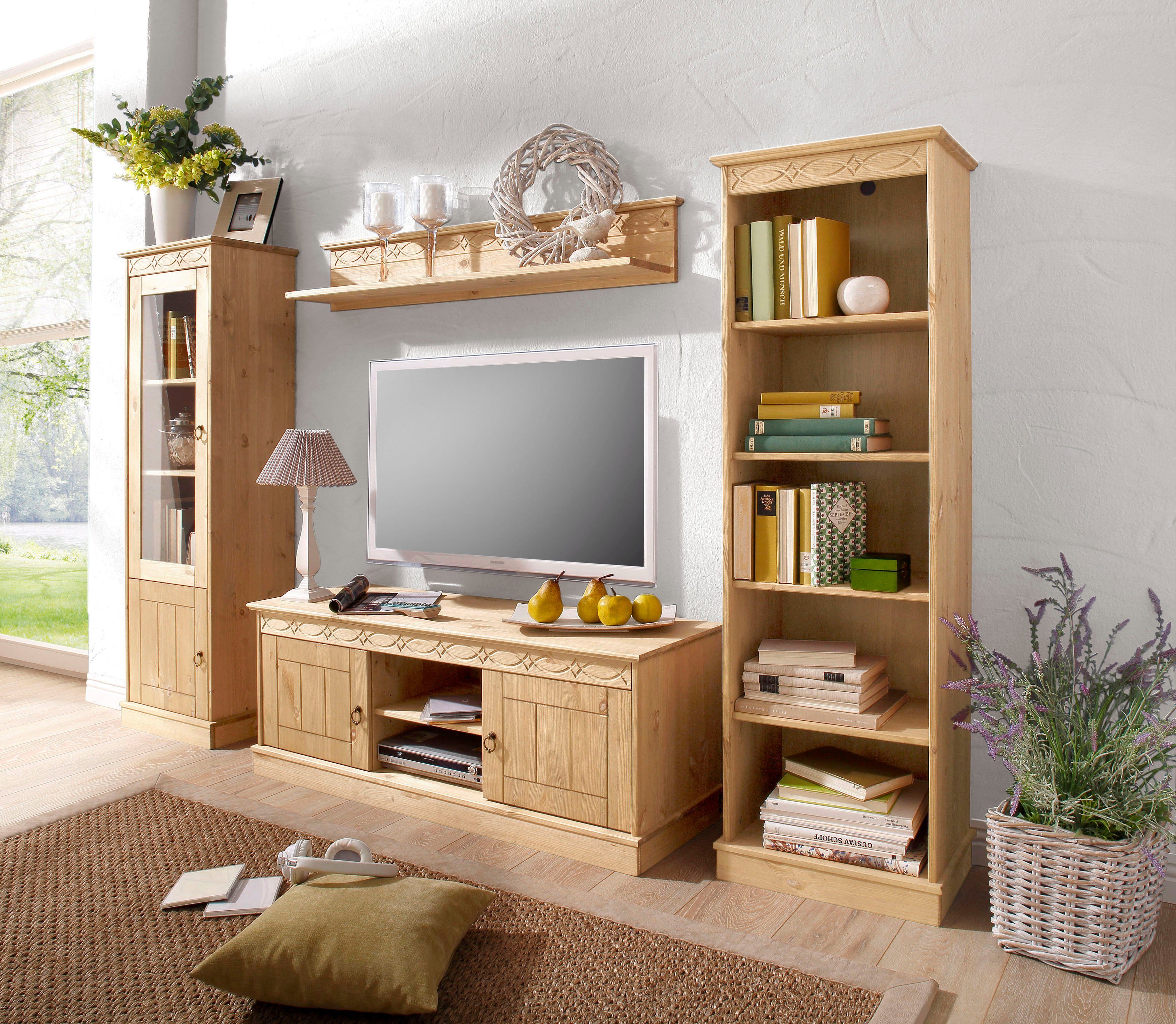 Home affaire Wandmeubel Indra 4-delig set: vitrinekast, lowboard, wand- & staande plank, massief dennenhout (set, 4-delig)