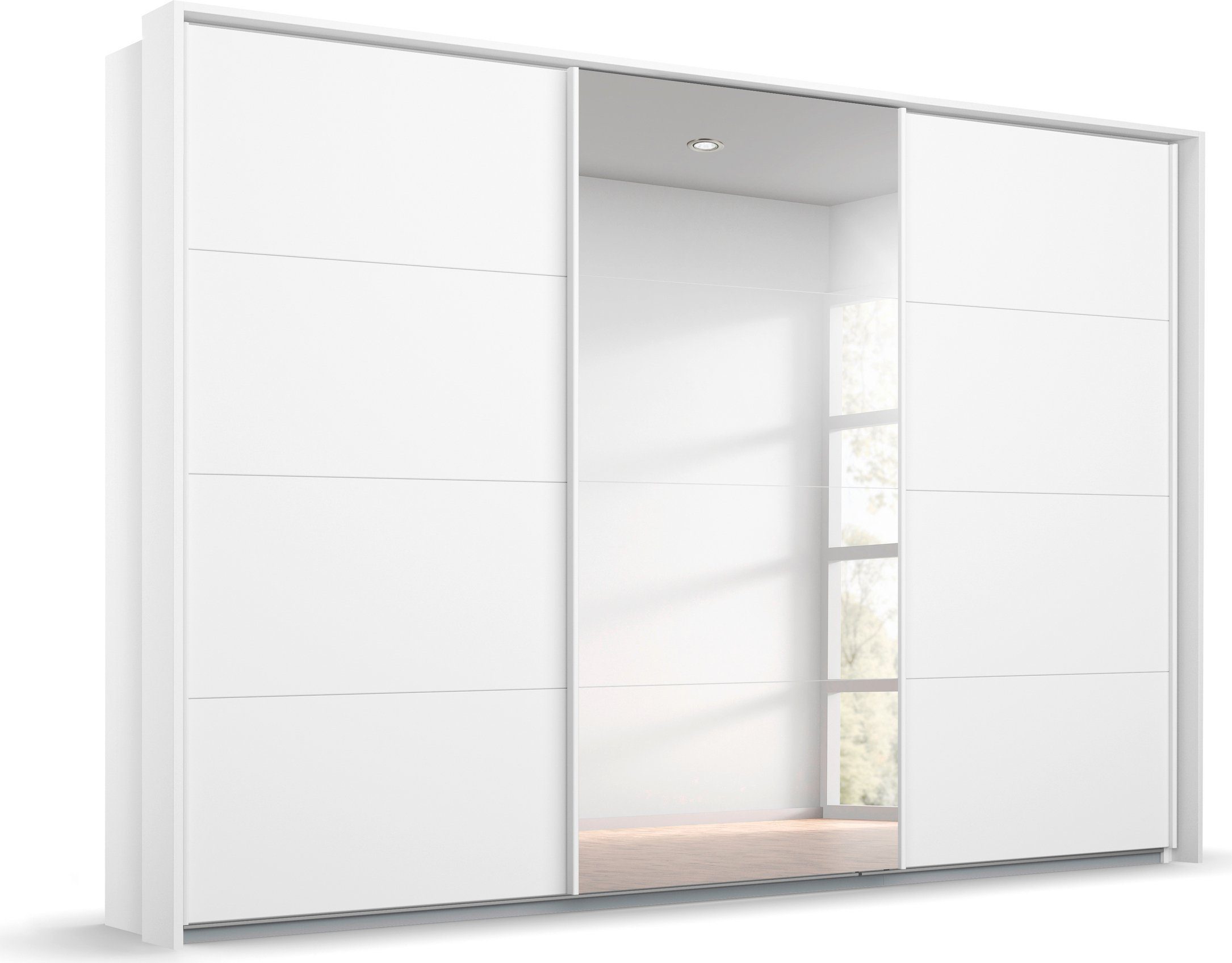 rauch Zweefdeurkast Oteli met spiegel in het midden en passe-partout, optioneel met verlichting zweefdeurkasten maat 278 cm x 233 cm x 68 cm wit