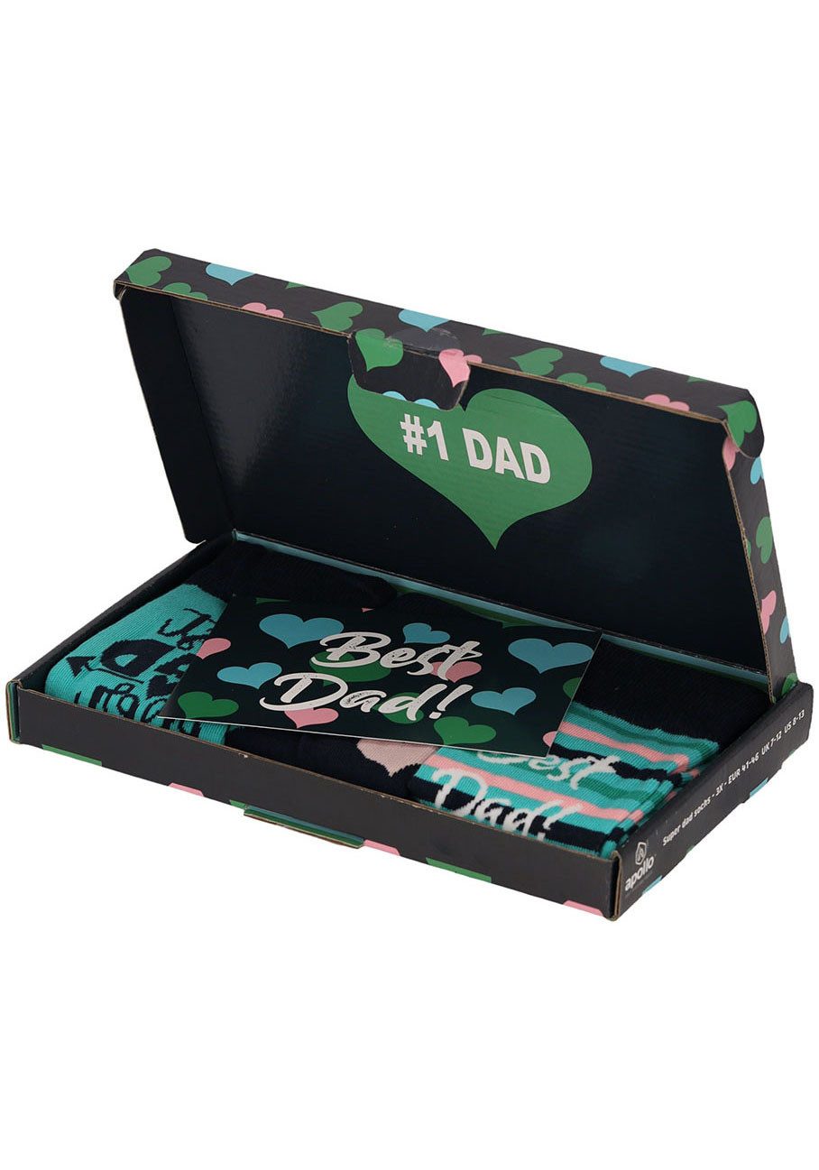 Apollo Sokken Cadeau-doos Super-Papa of Beste Papa verschillende kleuren designs perfect voor vaderdag of verjaardag (2 paar Set van 3)