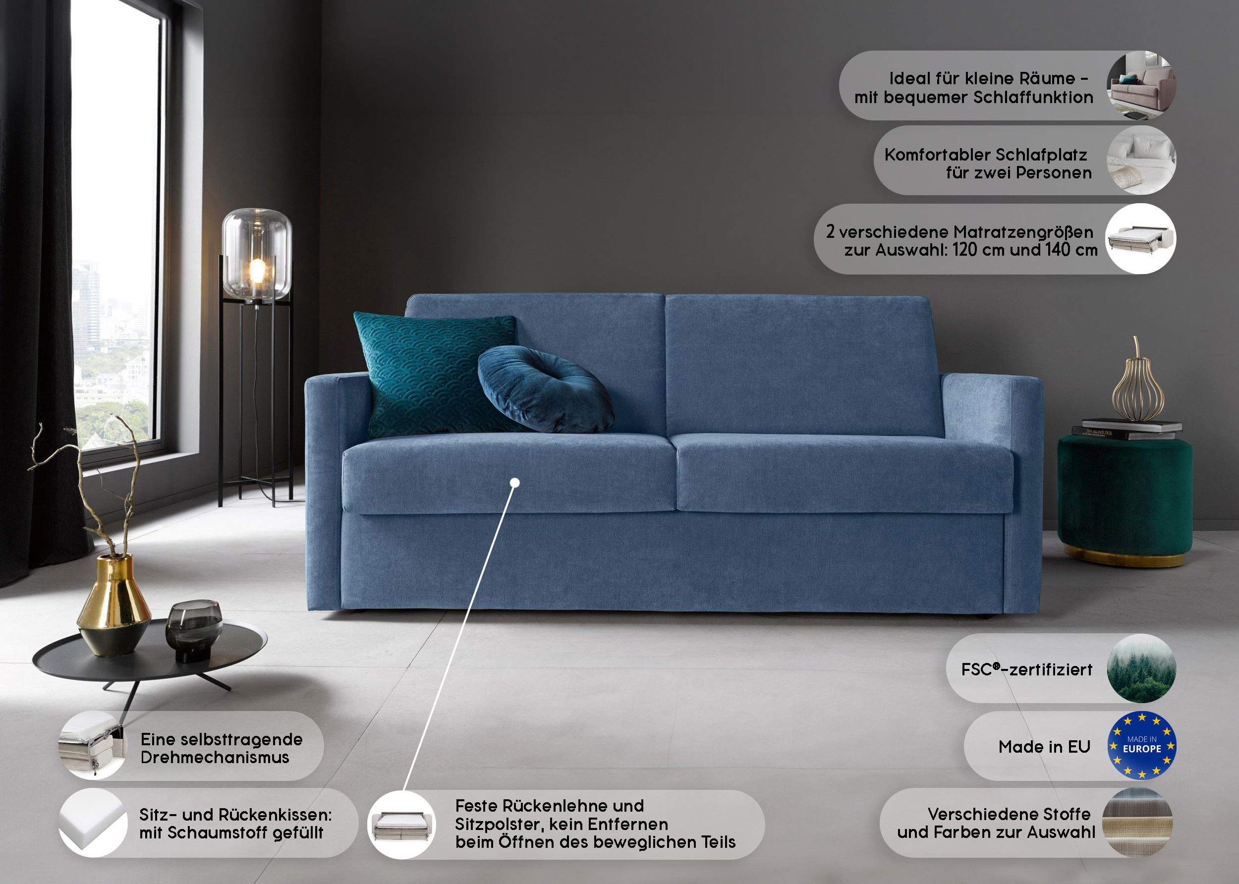 Places of Style Slaapbank GOLDPOINT 182 cm, slaapbank, ligoppervlak 140/200 cm, 3-zitsbank met slaapbank functie, matras met bonellvering,