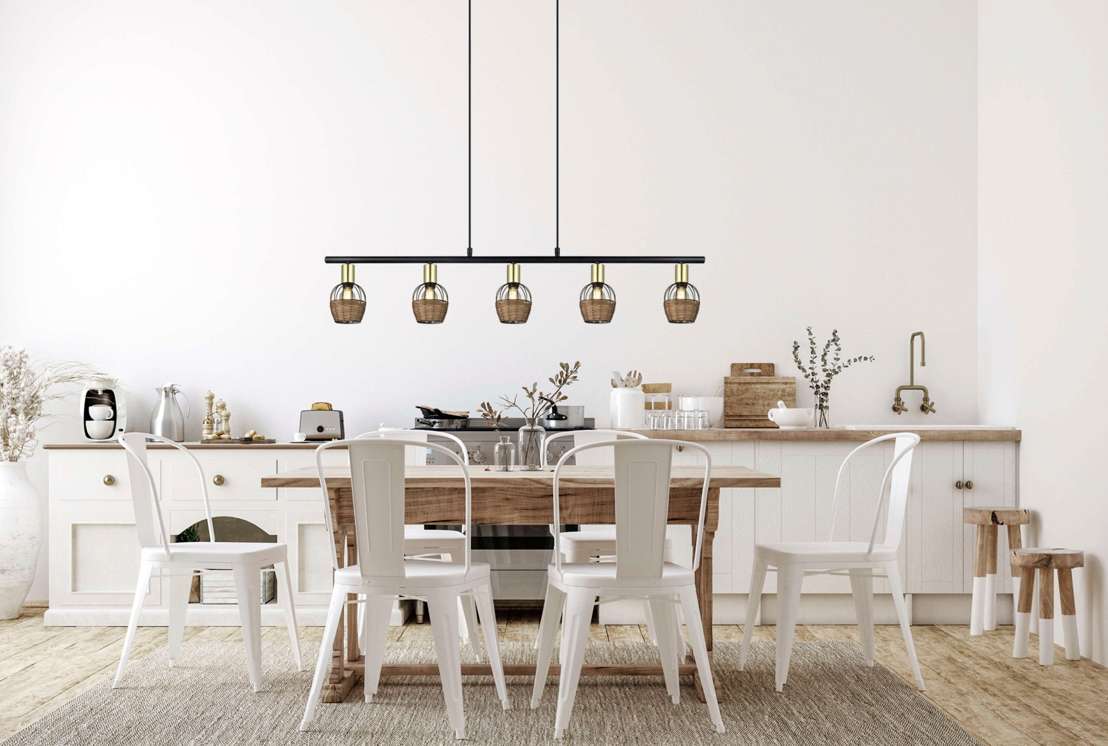 näve Hanglamp Corbis 5 spots excl. e14 max. 40w zwart/natuur/goudkleur lengte 100 cm met rattan (1 stuk)