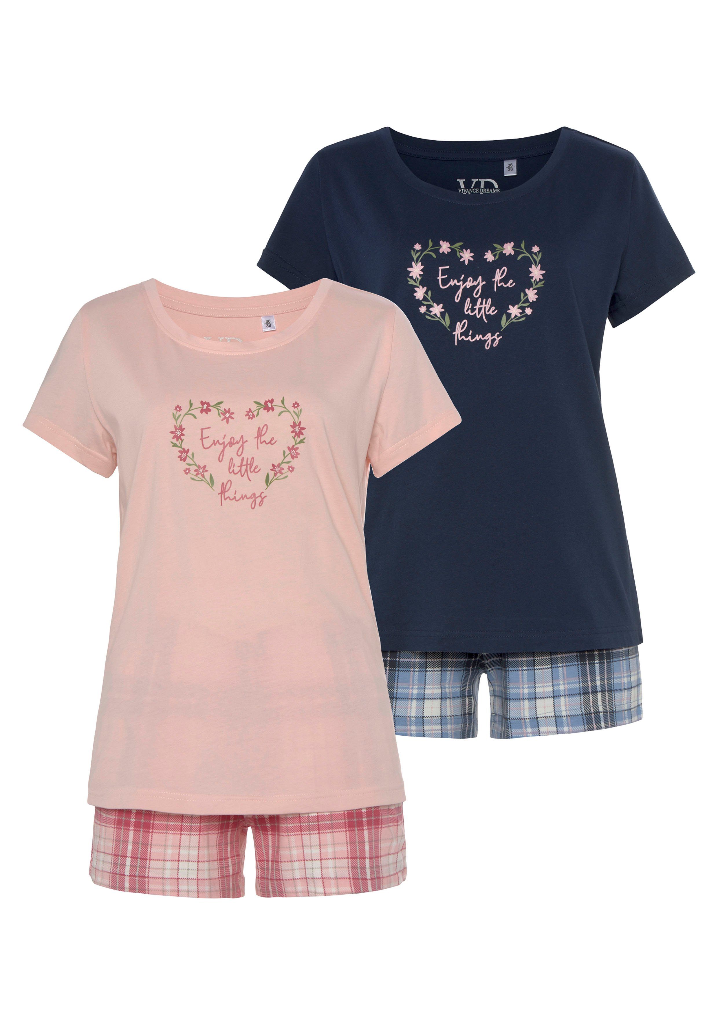 Vivance Dreams Shortama met ruit- en bloemenprint in een dubbelpack (4-delig, Set van 2)