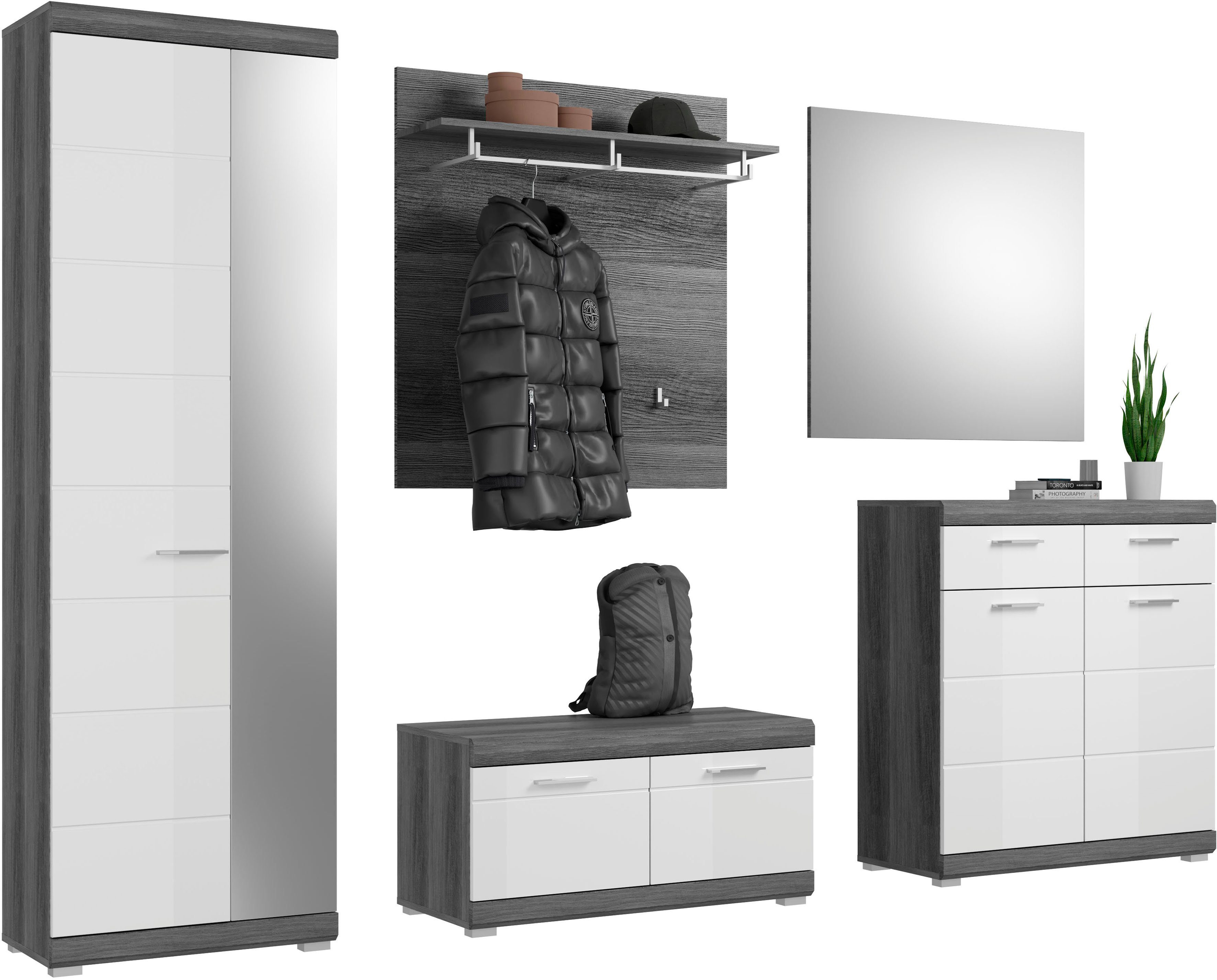 INOSIGN Halmeubelset Siena, Fronten met hoogwaardige groeffrezing, 5-delig, bestaande uit: (complete set, 3-delig) wandkapstokken wit