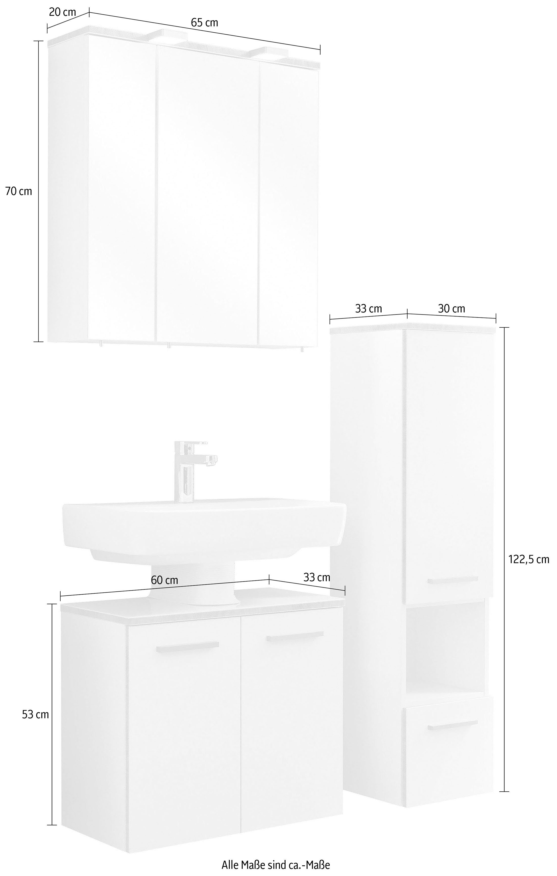 Saphir Badkamerserie Quickset 931 3-delig, wastafelonderkast met LED-spiegelkast zonder wastafel, met midikast, incl. deurdempers, 6 deuren, 1 niche (set, 3-delig)