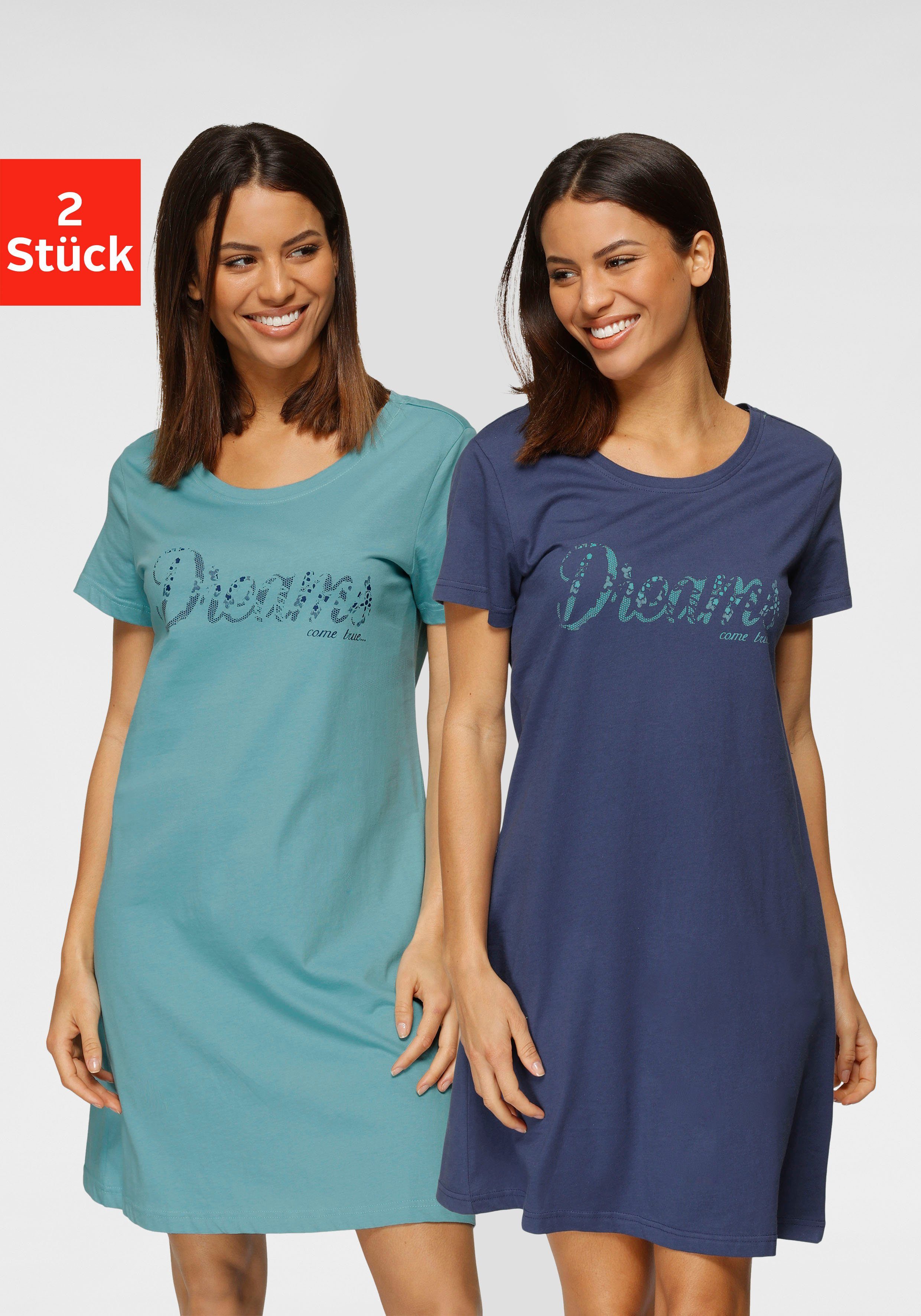 Vivance Dreams Nachthemd met print in kant-look (Set van 2) dames nachthemden maat 32/34 blauw