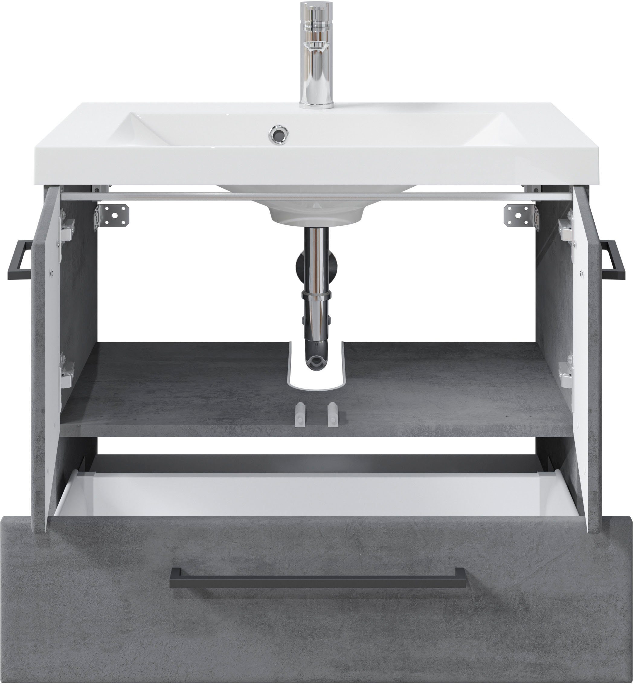 Saphir Badkamerserie Quickset 945 3-delig, mineraalmarmeren wastafel met led-spiegelkast (4-delig)