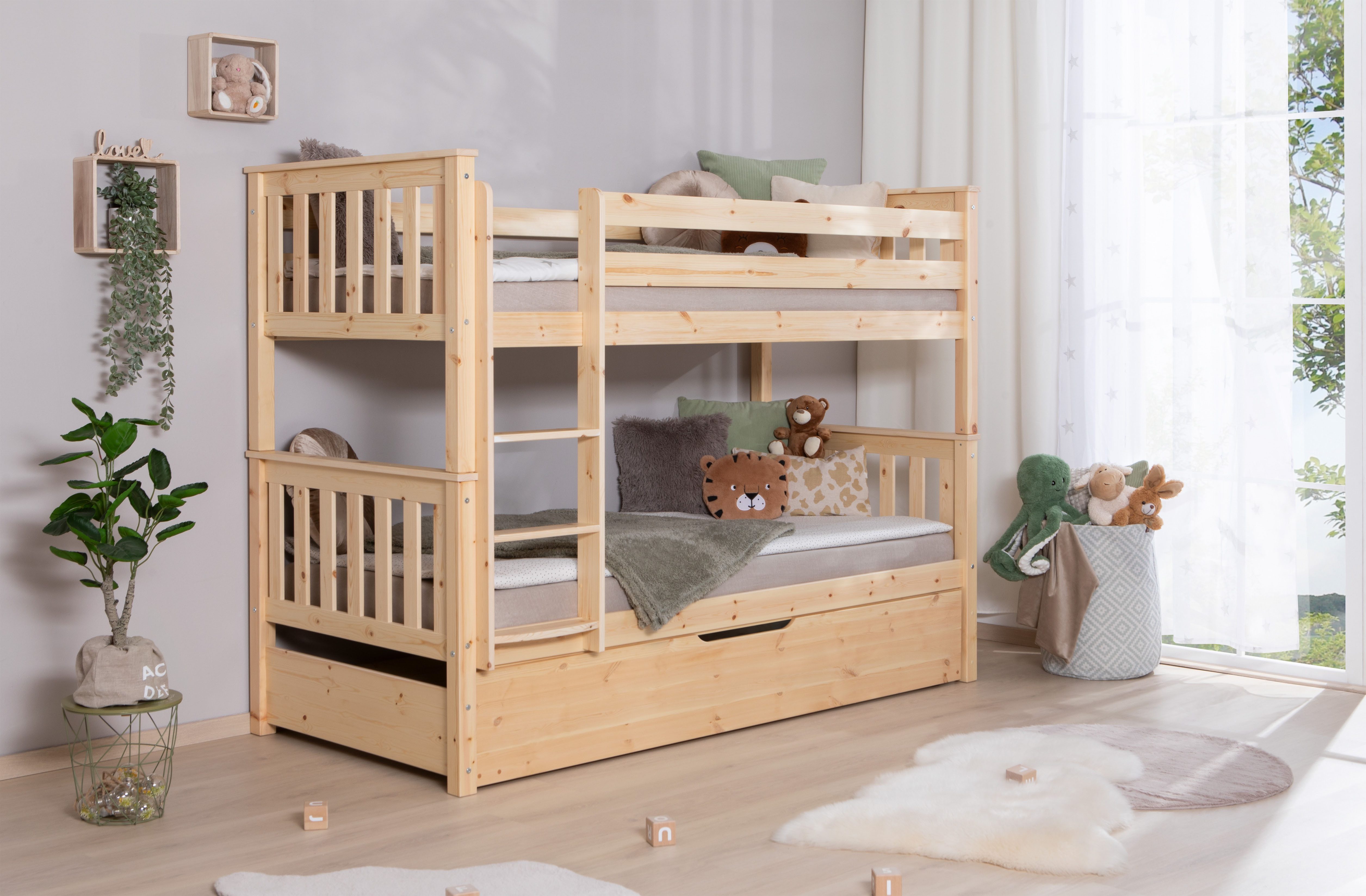 Ticaa Stapelbed Sammy, om te bouwen naar 2 eenpersoonsbedden, elegant ontwerp in landelijke stijl