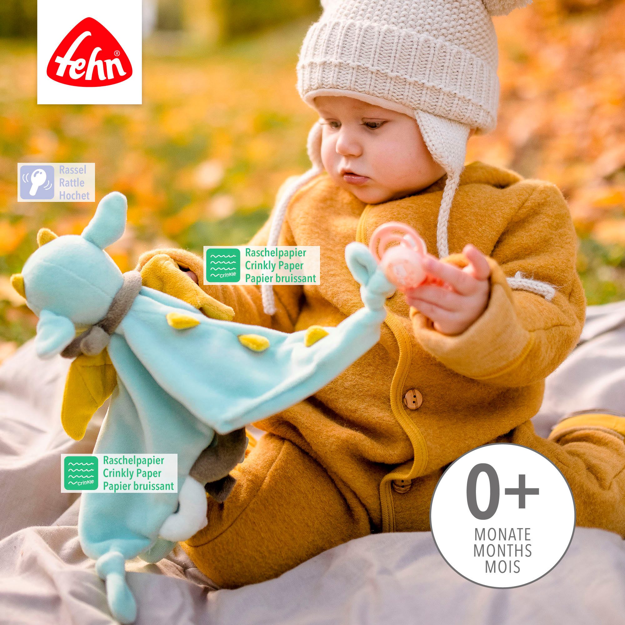 Fehn Knuffeldoek Little Castle, deluxe draak met bevestigingsring voor speen