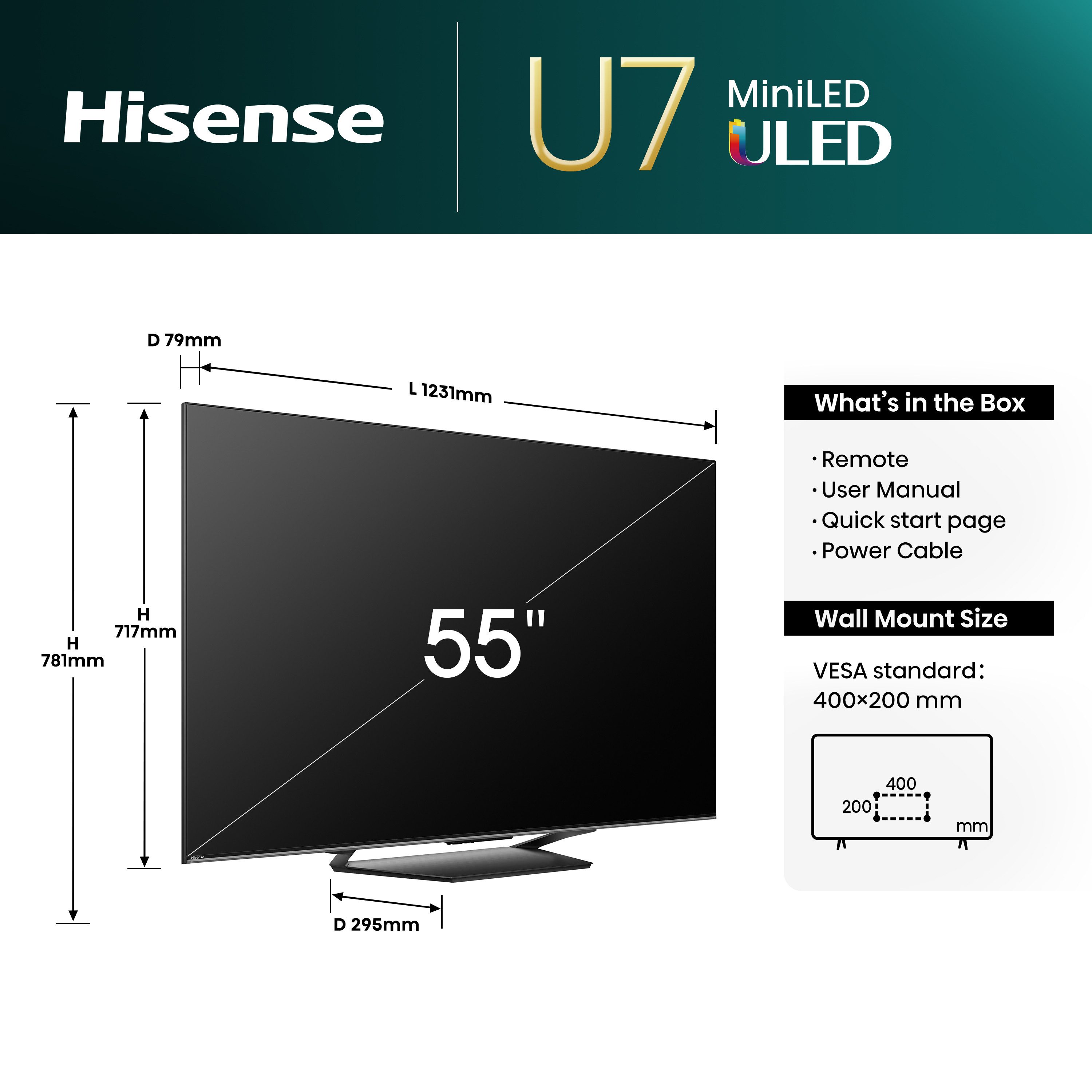 Hisense Mini-led-tv 55U7NQ, 139 cm / 55", 4K Ultra HD, Smart TV, 4k uhd, uled, mini led