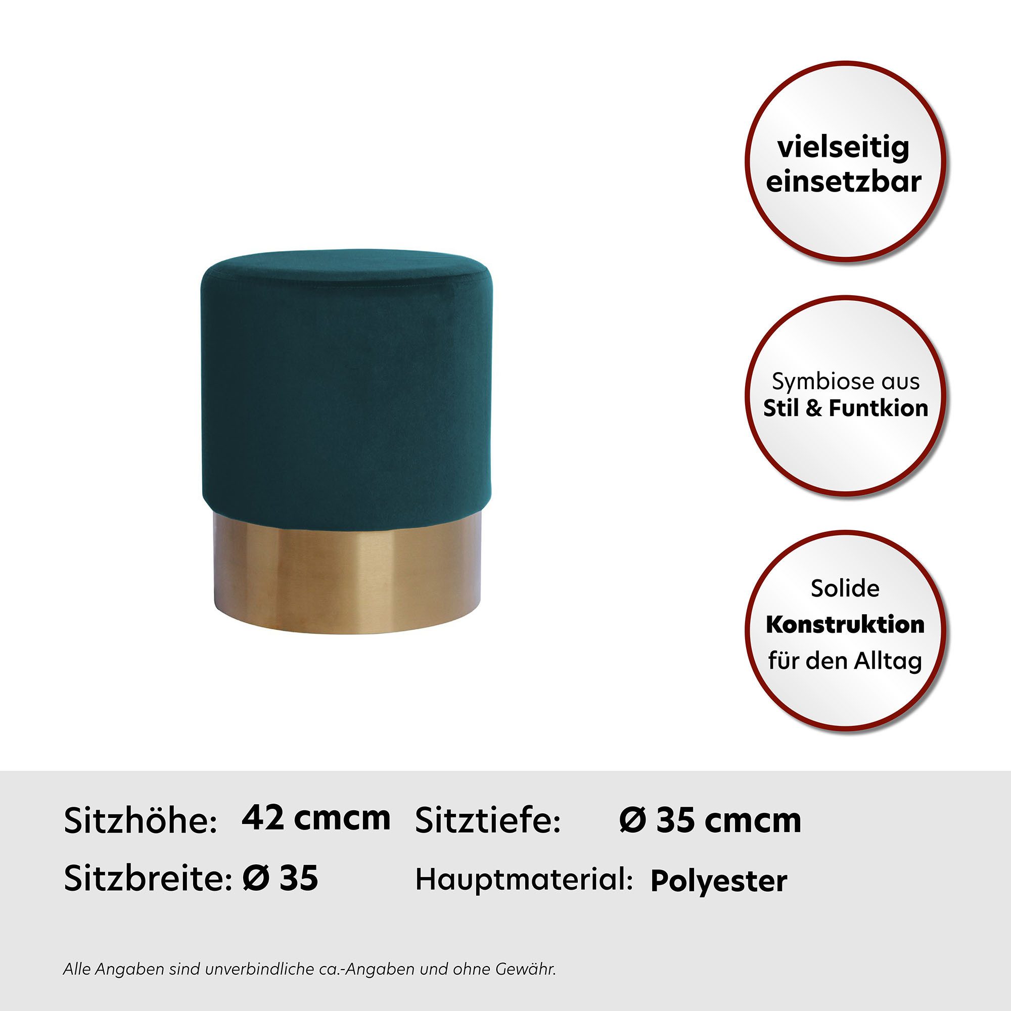 Kayoom Hocker Nano 110, hocker in stijlvol ontwerp, ronde vorm, met metalen voet Goudkleurige accenten, met onderhoudsvriendelijke stofbekleding, ronde vorm (1 stuk)
