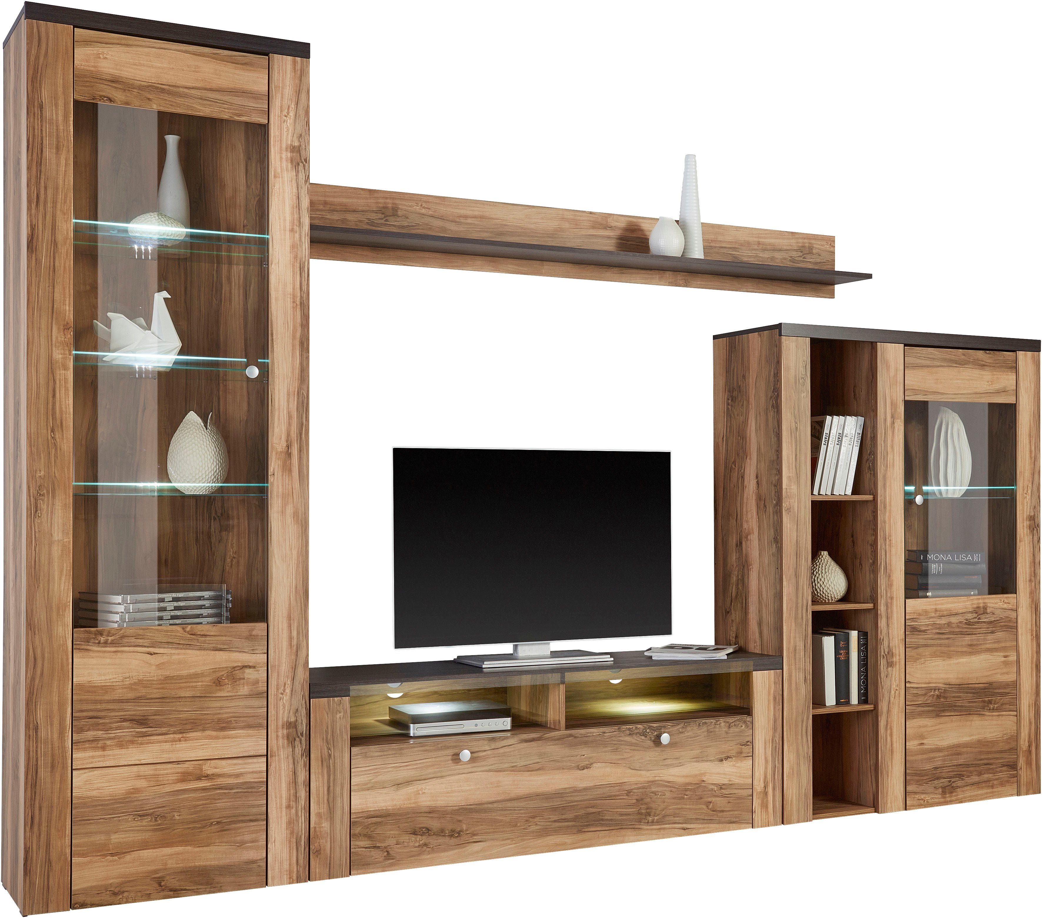 Home affaire Wandmeubel Larona, aanbouwwand, set van 4 delen bestaande uit 1 tv-board, 1 highboard, 1 vitrine, 1 wandplank (set, 4 stuks)