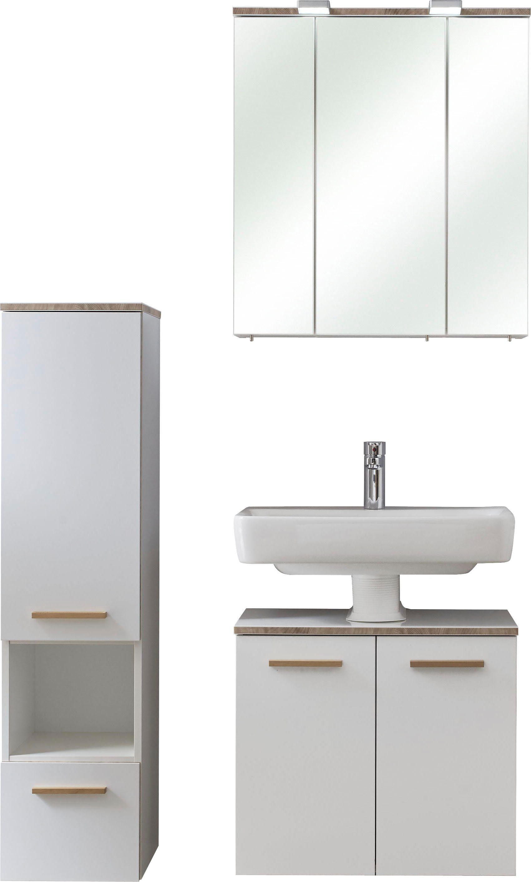 Saphir Badkamerserie Quickset 931 3-delig, wastafelonderkast met LED-spiegelkast zonder wastafel, met midikast, incl. deurdempers, 6 deuren, 1 niche (set, 3-delig)