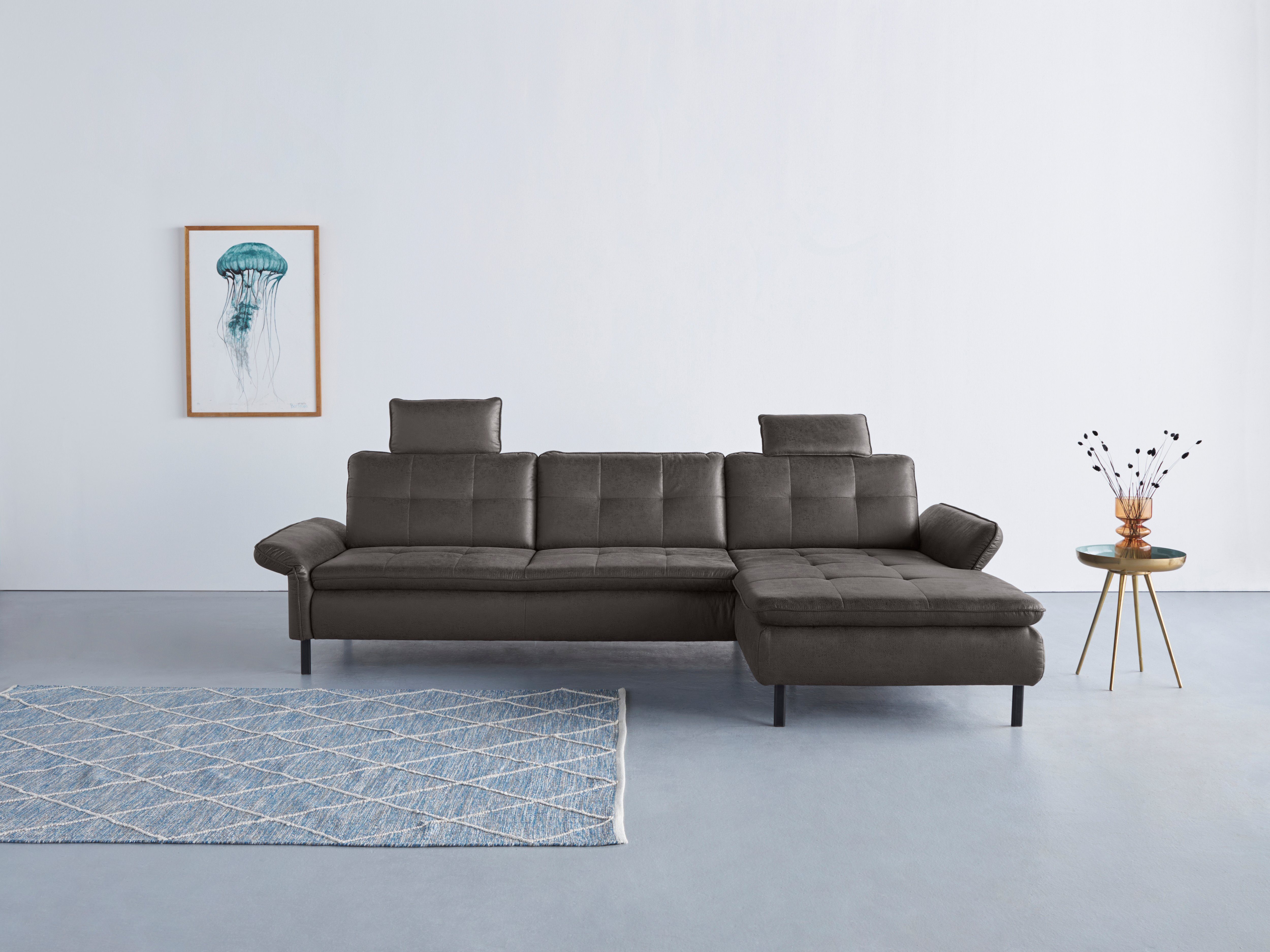 INOSIGN Hoekbank Birkholm L-vorm Verstelbare armleuningen, ook in Easy Clean bekleding - met water te reinigen grijs, hoekbanken, Recamiere rechts