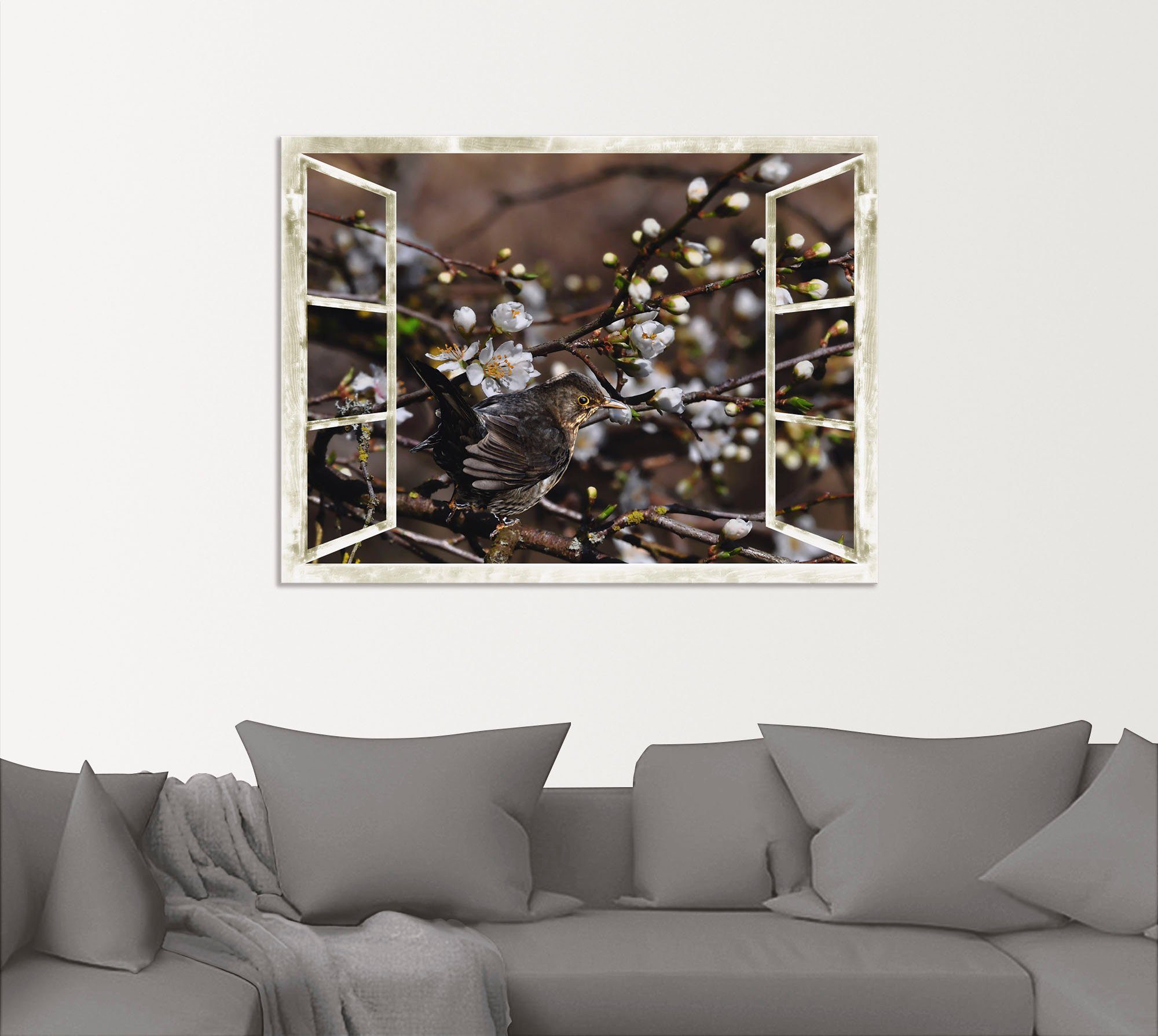 Artland Artprint Blik uit het venster - kersenbloesem met merel als artprint van aluminium, artprint voor buiten, artprint op linnen in verschillende maten