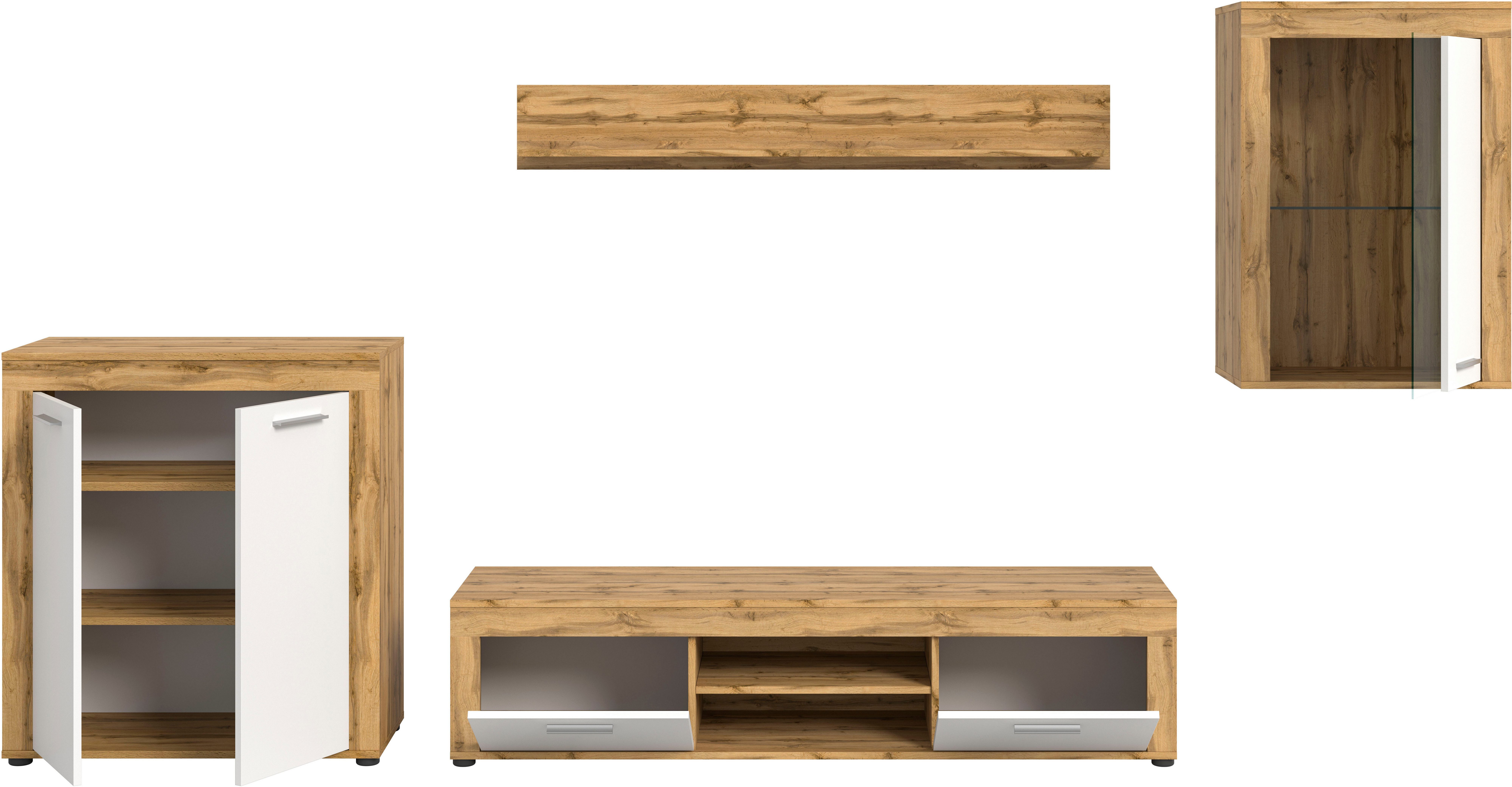 INOSIGN Wandmeubel Aosta, 4-delig, bestaande uit: highboard, lowboard, wandplank & vitrinekast (4-delig)