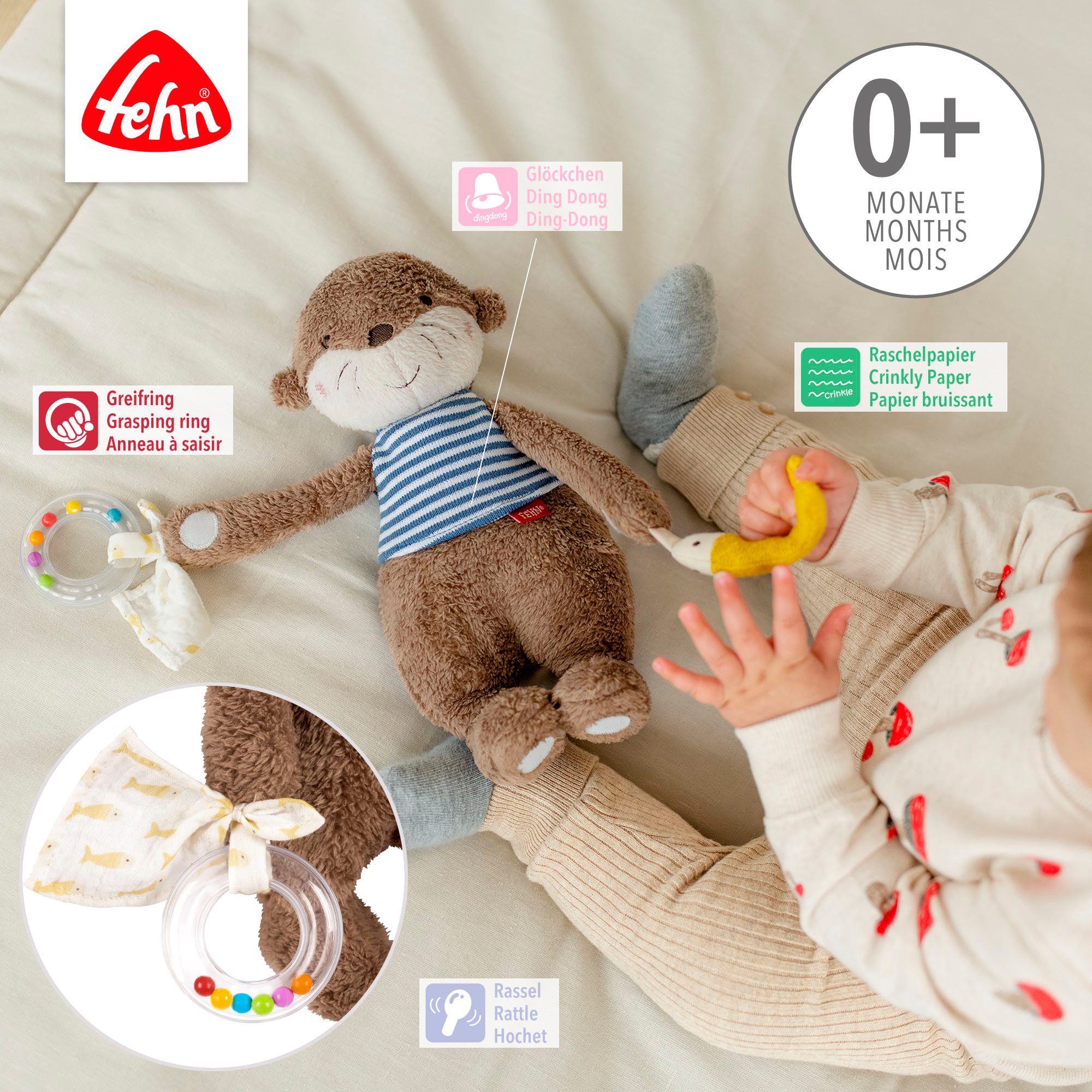 Fehn Grijpspeeltje Otter Theo, activiteit-Otter ter bevestiging aan kinderwagen, babyzitje of bed