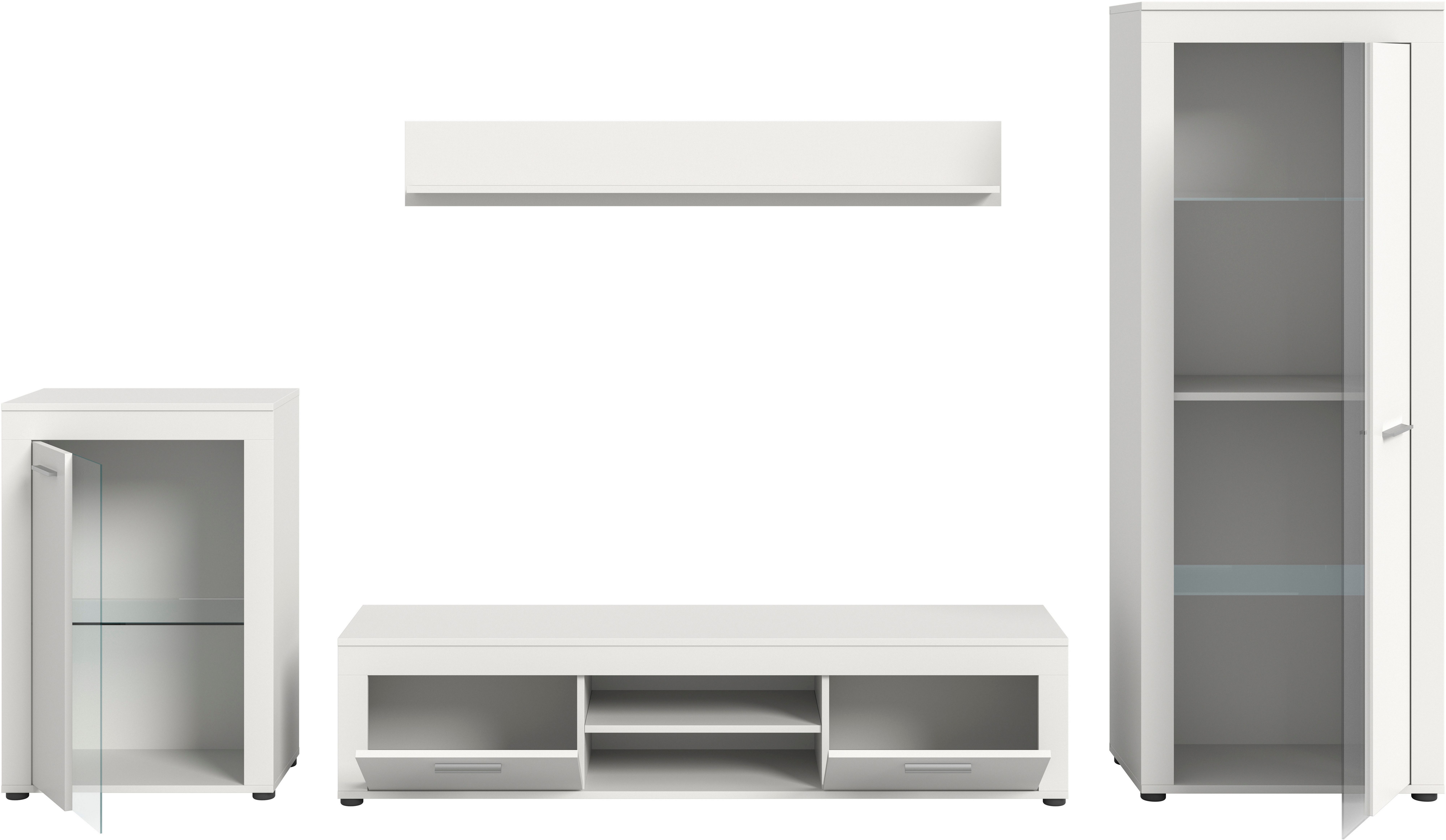 INOSIGN Wandmeubel Aosta, 4-delig, bestaande uit: vitrinekast, lowboard, wandplank & hoge vitrinekast (4-delig)