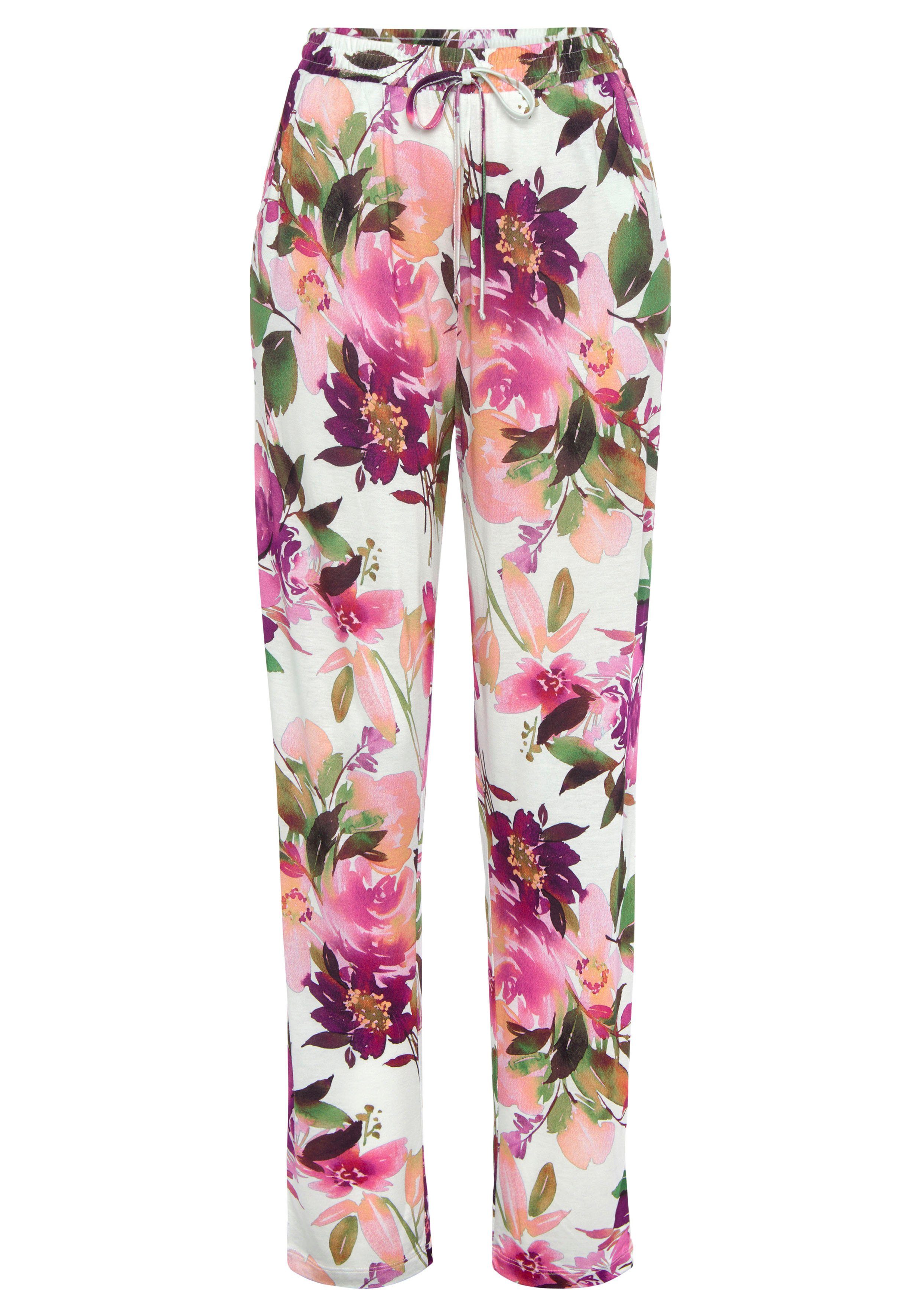 Beachtime Jerseybroek met bloemenprint en elastische tailleband, zomerbroek, strandbroek