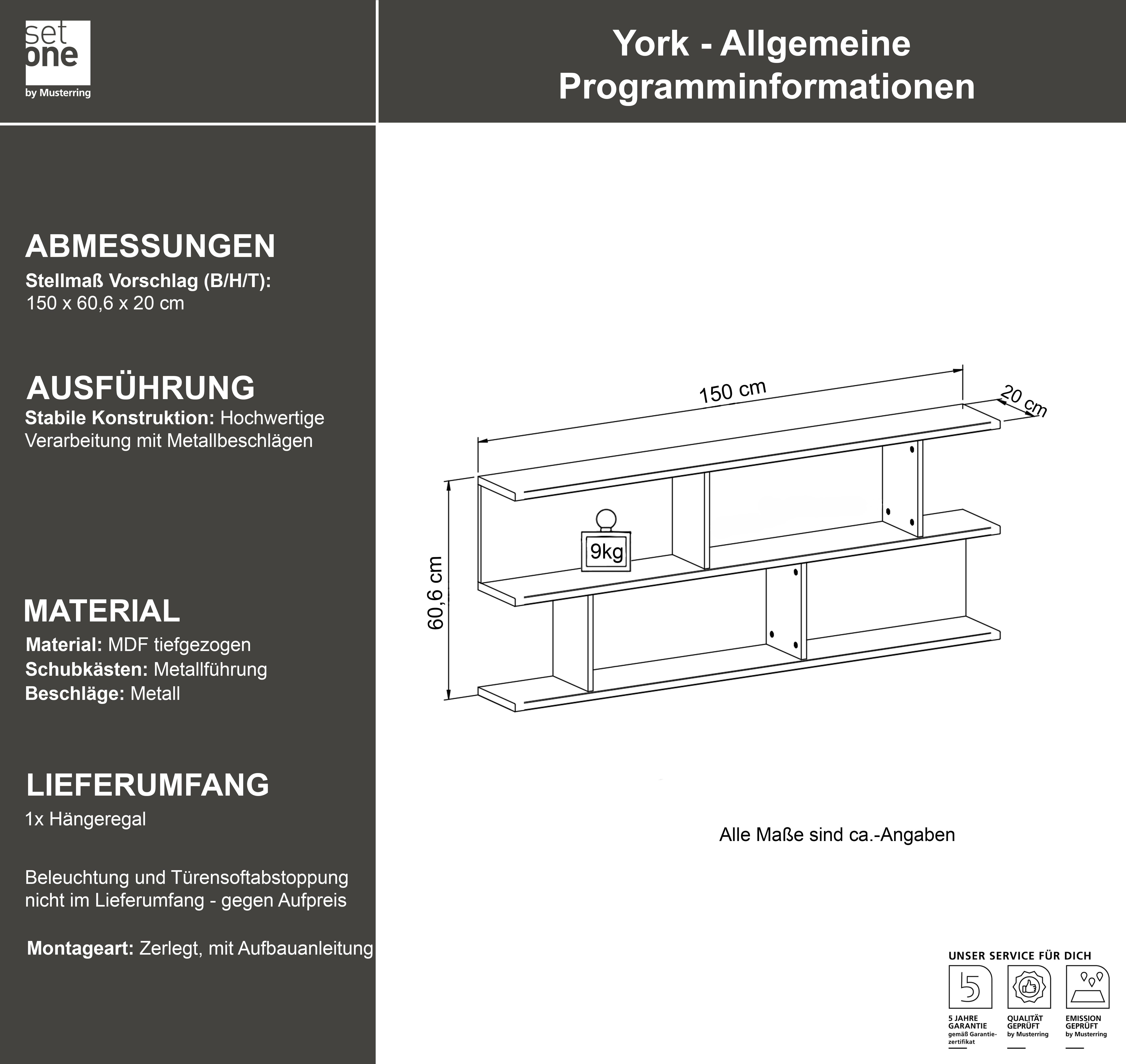 set one by Musterring Wandplank York Type 43, met 3 planken, 3 kleuren, verlichting optioneel, B 150 cm