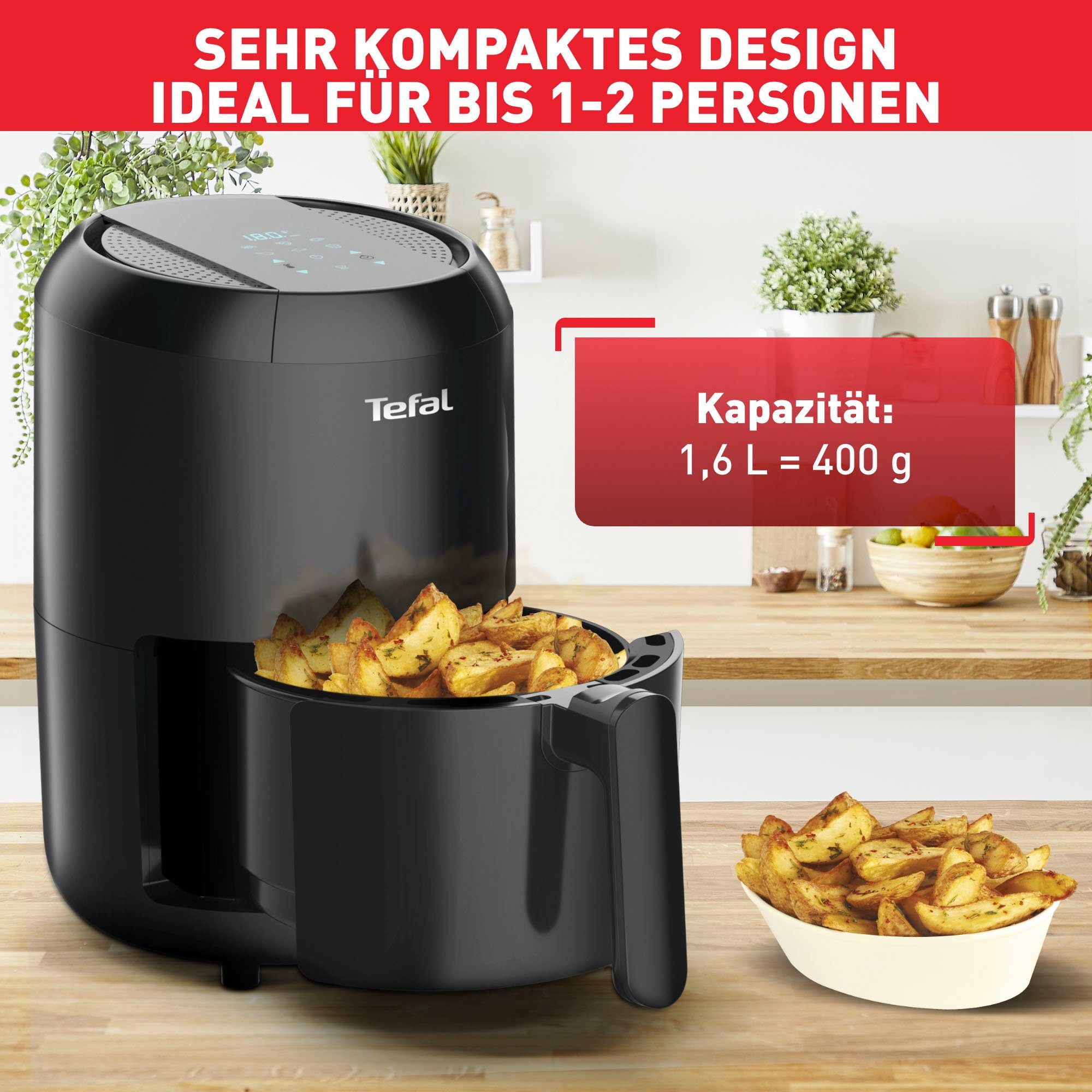 Tefal Airfryer EY3018 Easy Fry Compact Capaciteit: 1,6L, 6 kookprogramma's, timer, gezond zonder vet/olie, EY3018