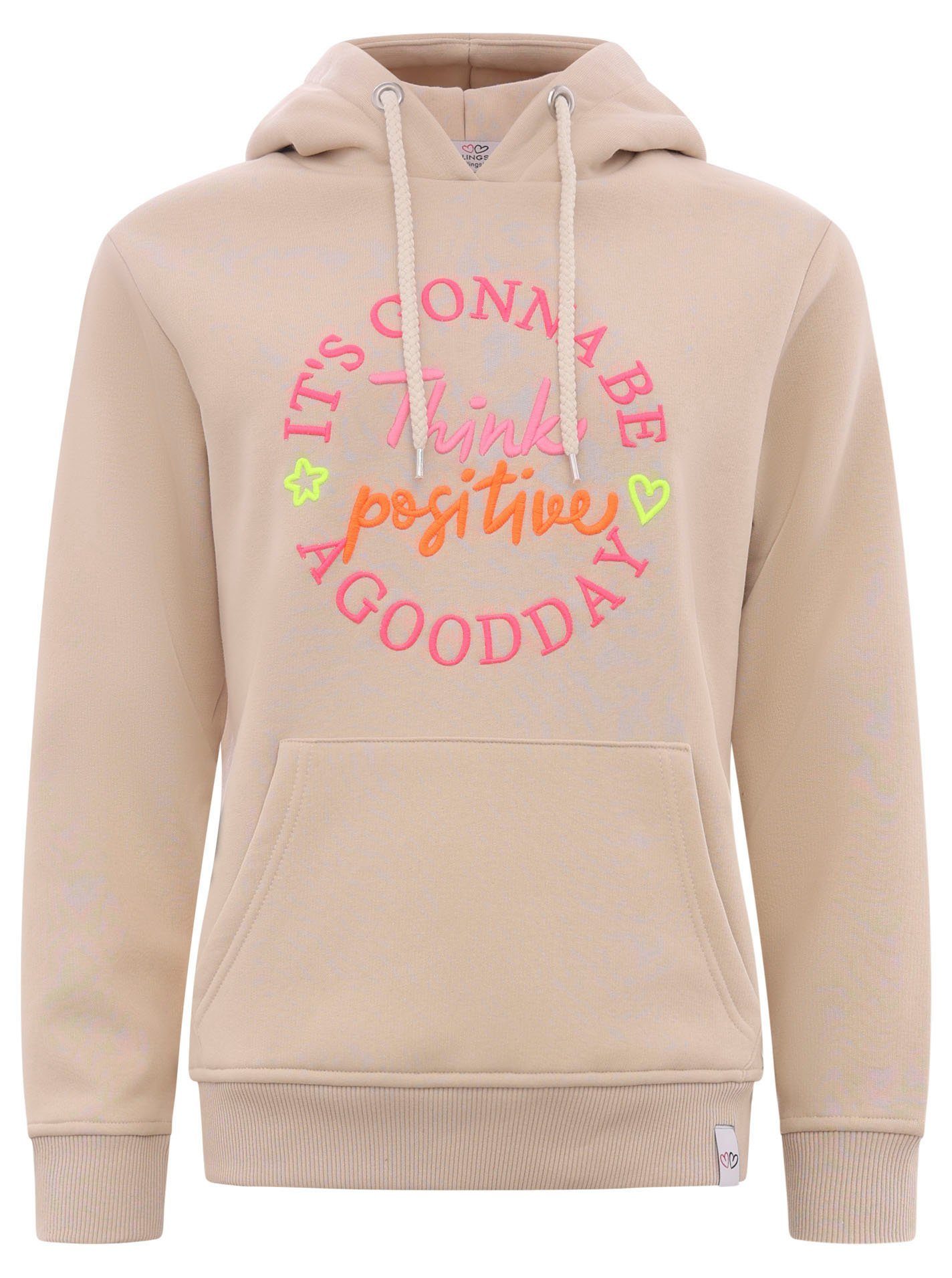 Zwillingsherz Sweatshirt met capuchon en "think positiv" borduursel in neonkleuren