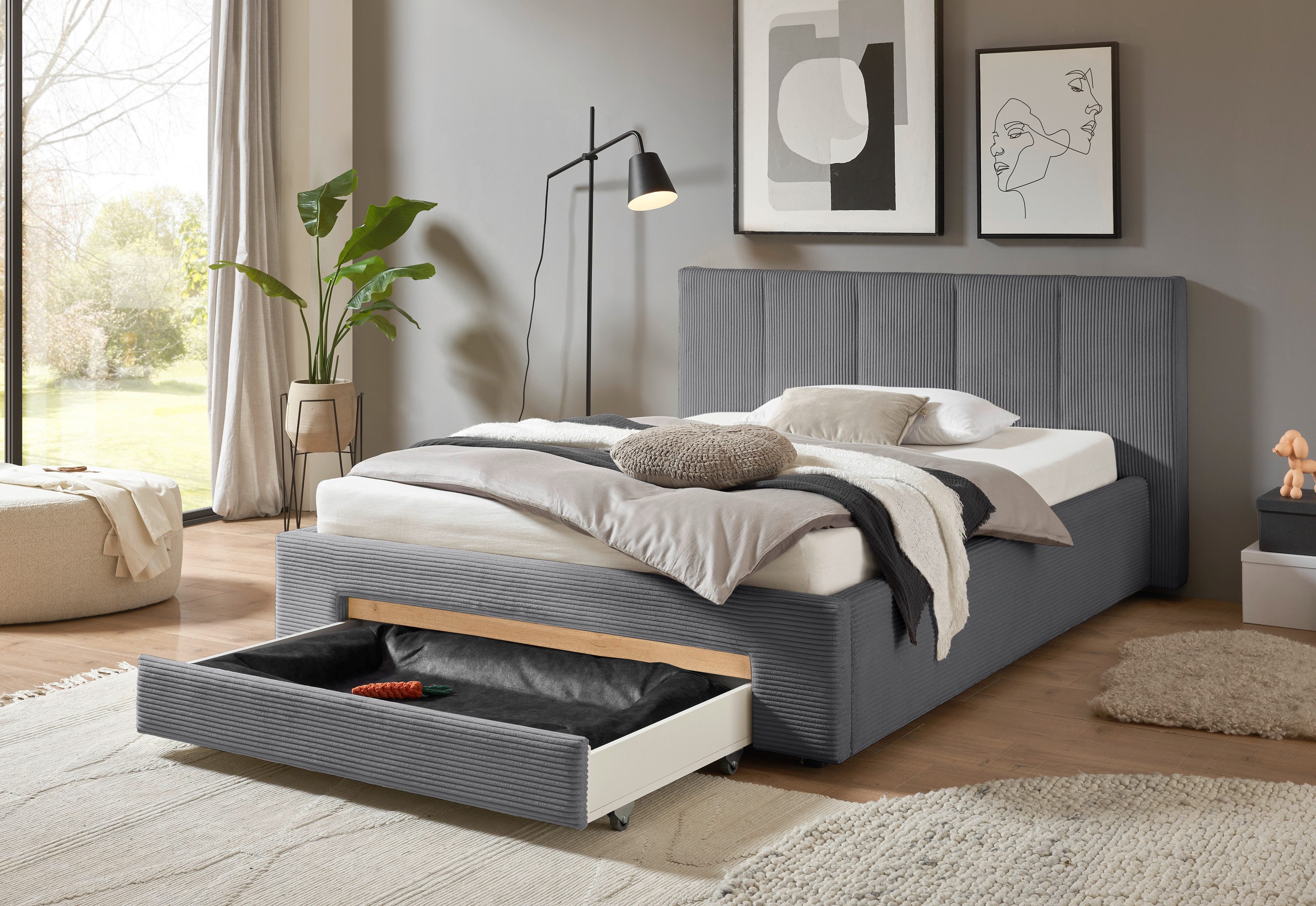INOSIGN Gestoffeerd bed CiTY/GiRON, bedframe met bedlade, gestoffeerd opbergbed met hondenbed of opberglade, bekleding van corduroy of linnenlook
