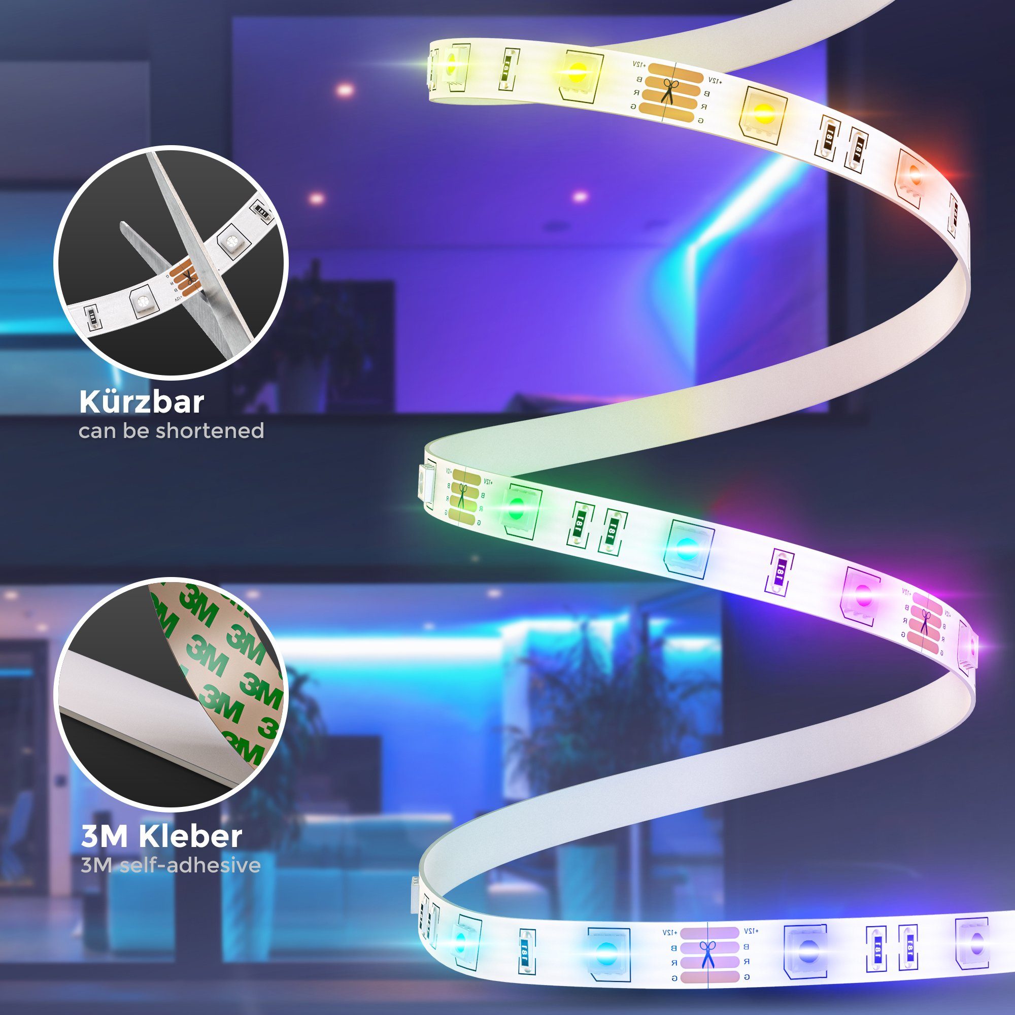 B.K.Licht Led-strip LED strip 3m, RGB, afstandsbediening, zelfklevend, kleurverandering, inkortbaar