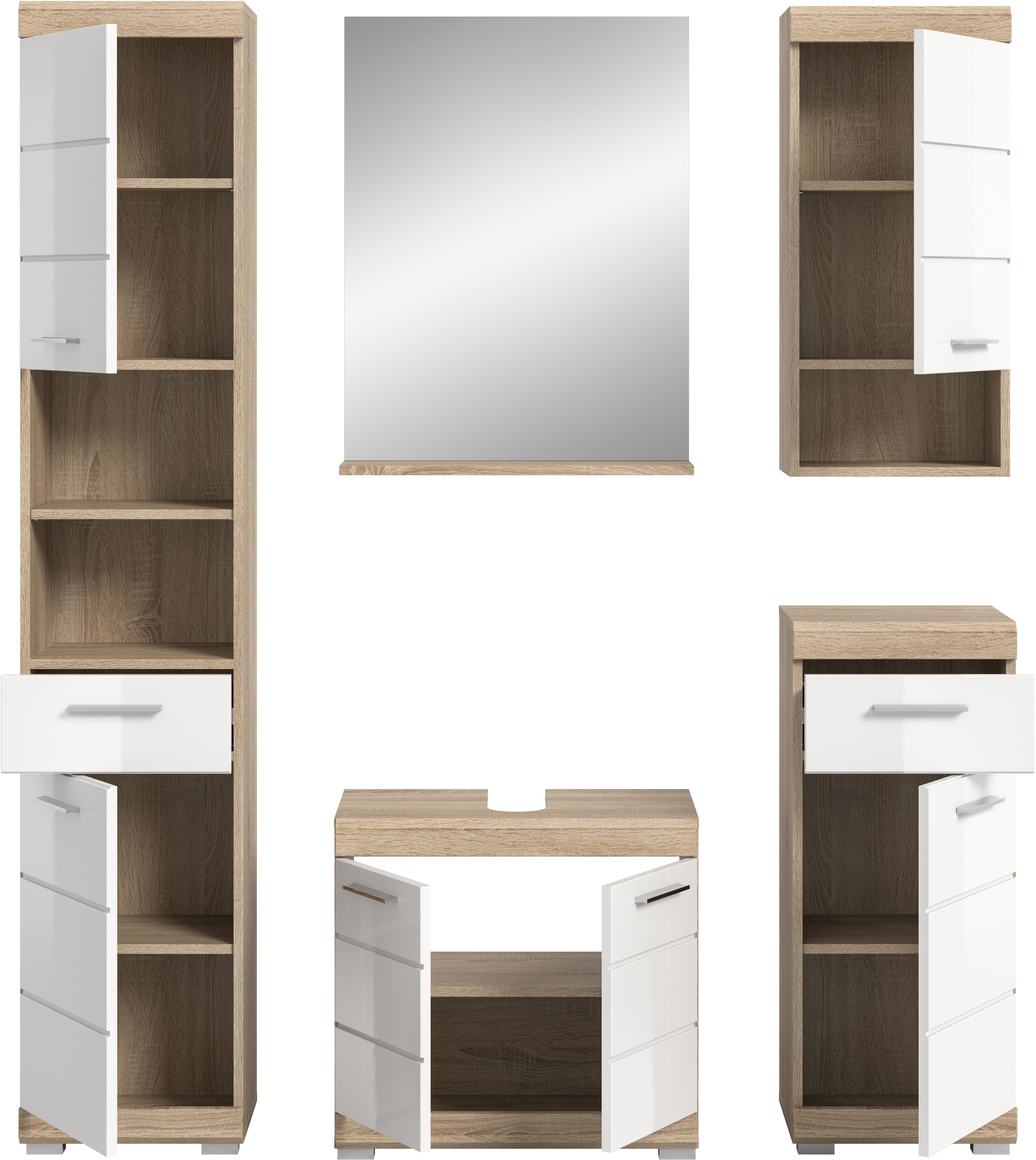 INOSIGN Badmeubelset Siena, 5-delig, bestaande uit: Hoge kast, WBU, spiegel, onderkast, hangkast (set, 5 stuks)