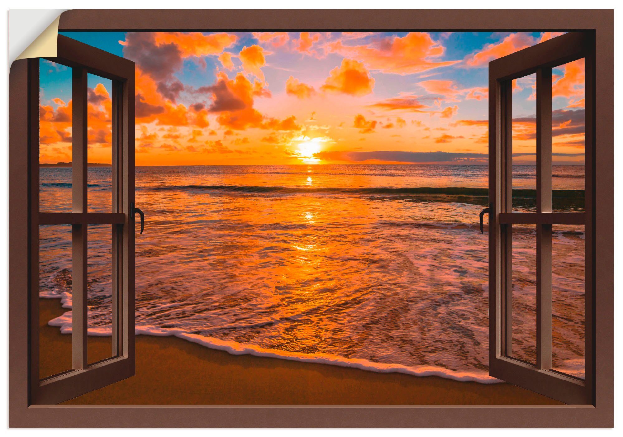 Artland Artprint Blik uit het venster zonsondergang aan het strand in vele afmetingen & productsoorten -artprint op linnen, poster, muursticker / wandfolie ook geschikt voor de bad