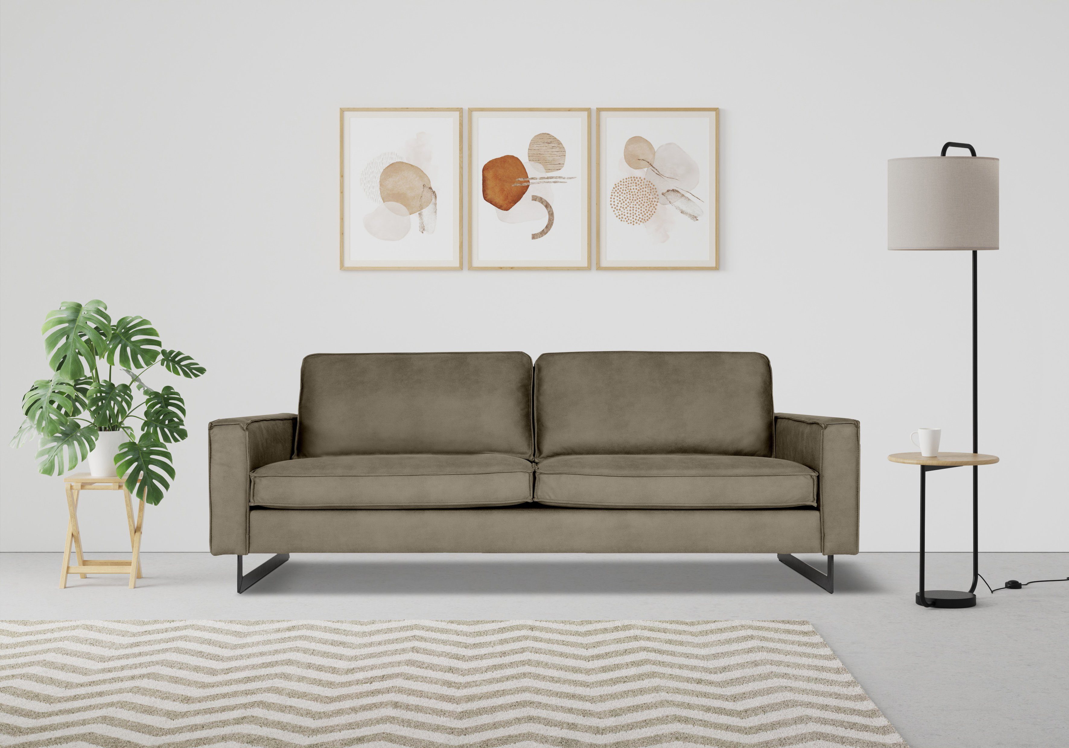 Places of Style 3-zitsbank Pinto, 206 cm, cord, chenille, leerlook met keder, zwarte metalen voeten, golfondersteuning