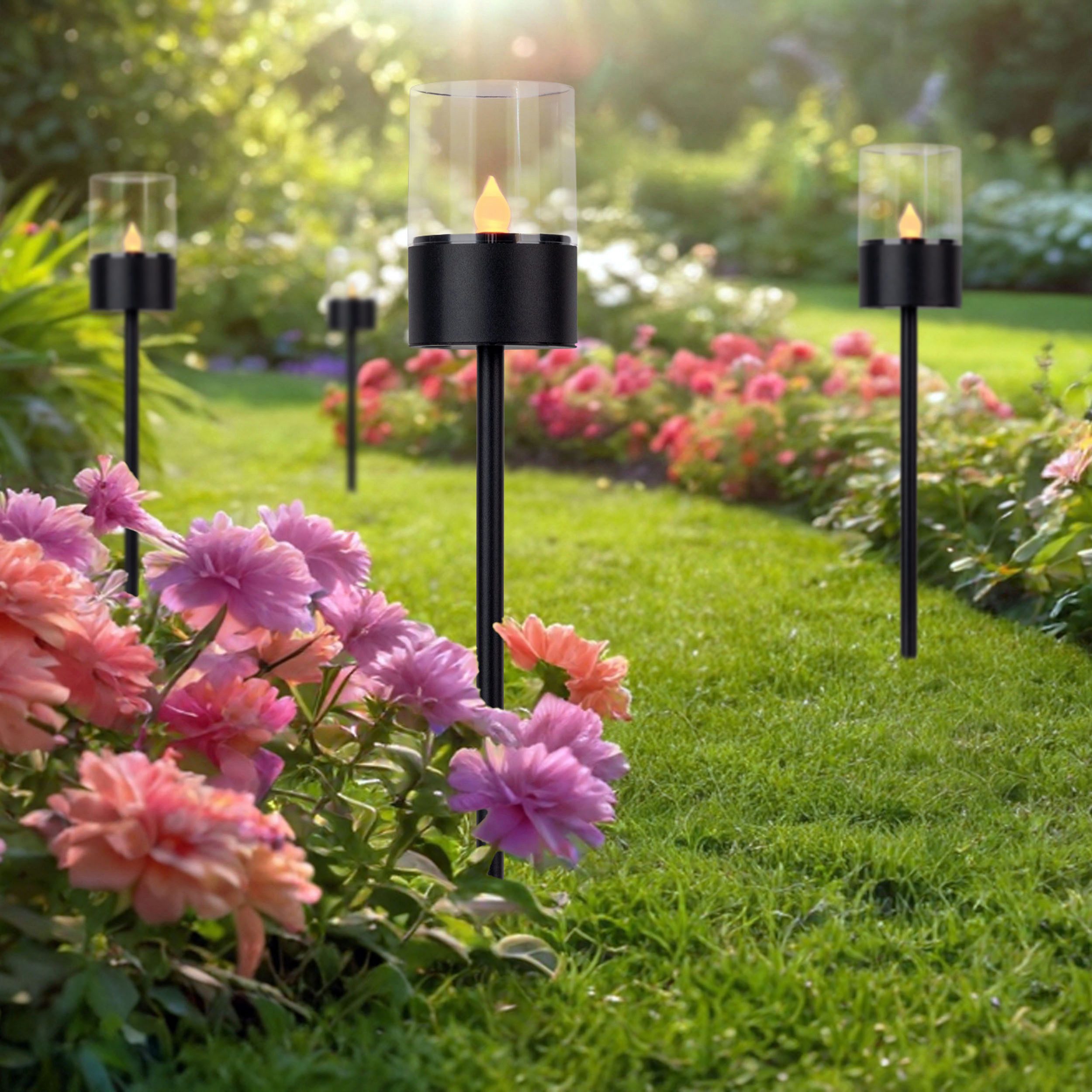 my home Led-solarlamp Lufy 4-delige set decoratieve spiezen, tuinfakkel met vlam effect, metaal h: 37cm (4 stuks)