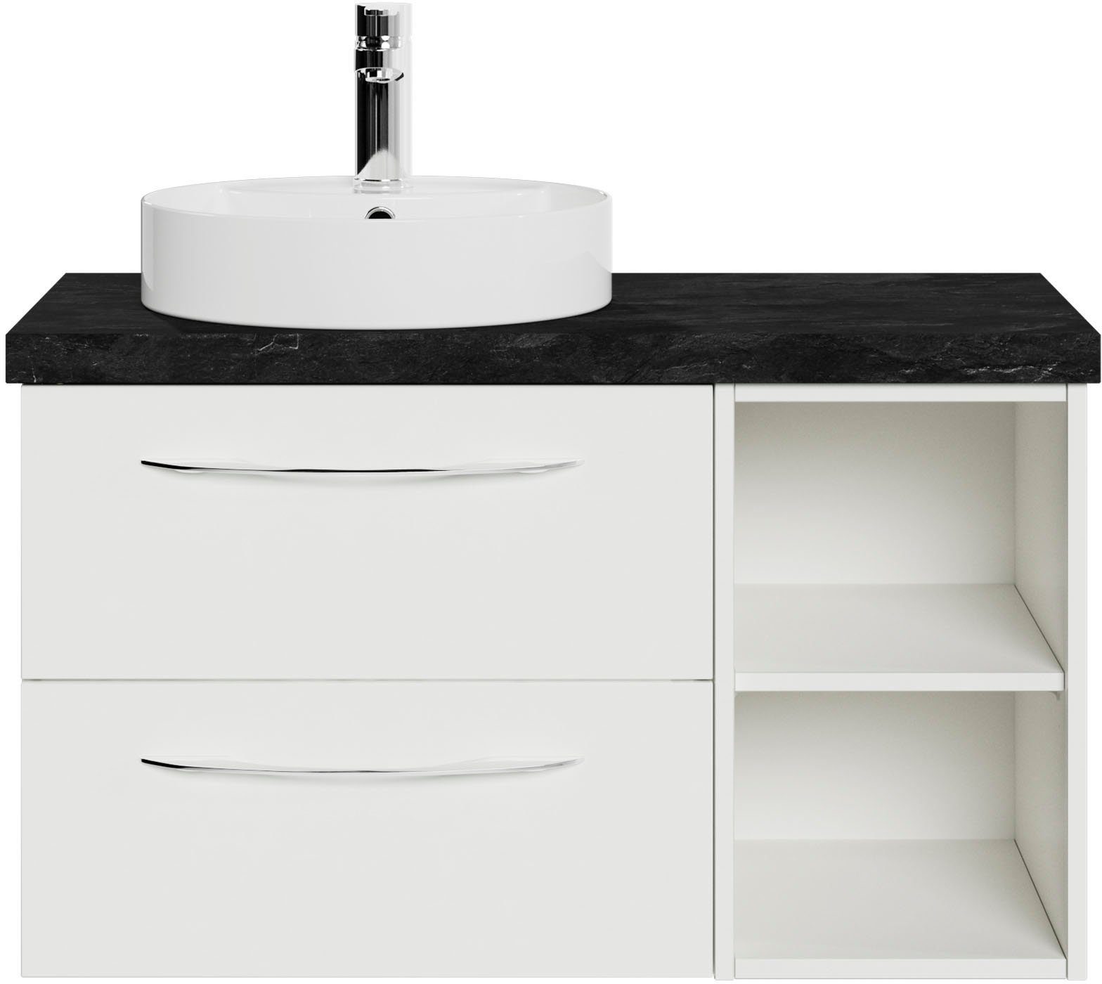 Saphir Wastafelonderkast Serie 4035 keramieken opzetwasbak met onderkast, 88 cm breed Wasplaats met 2 lades, schapvakken, handgrepen in chroom glans