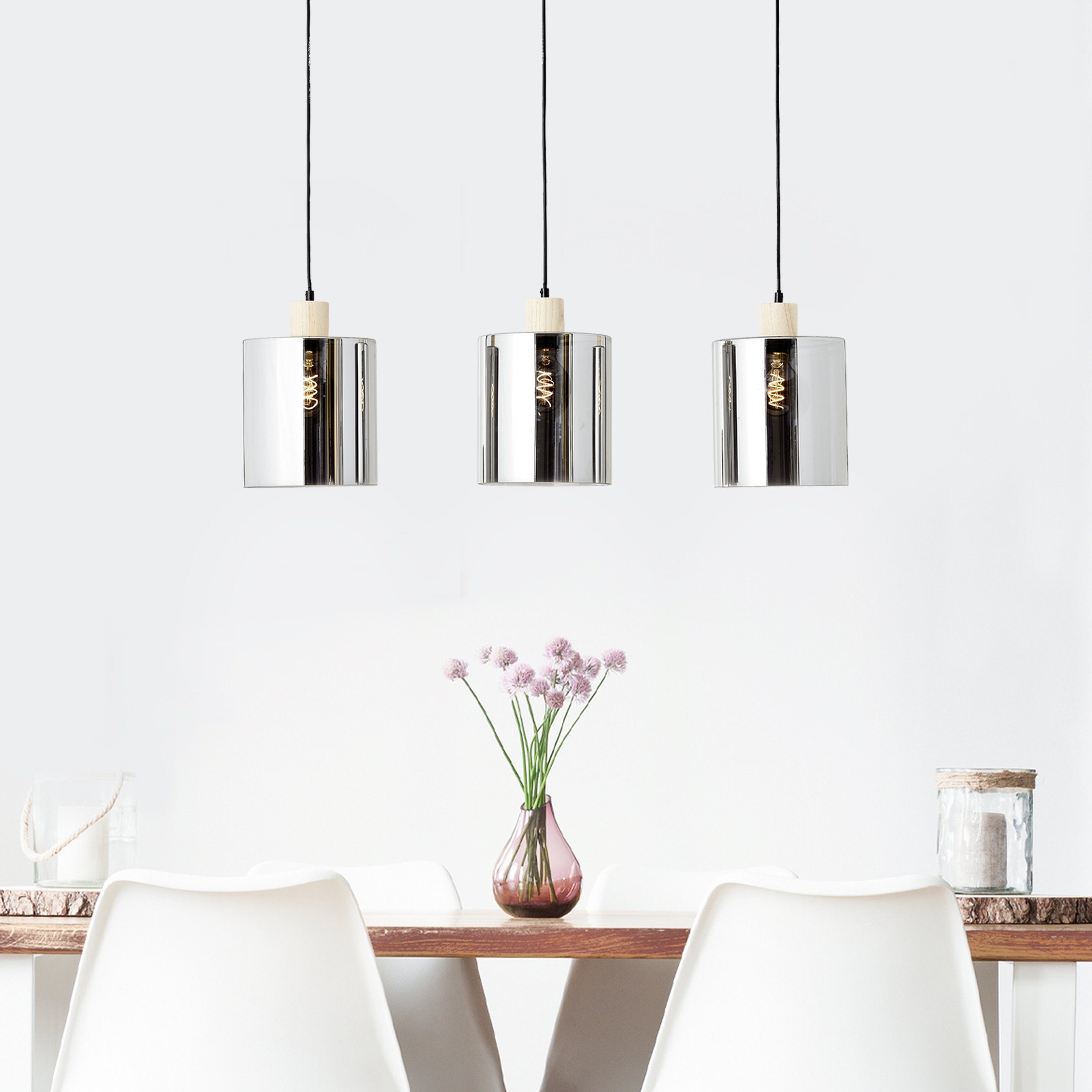 Brilliant Leuchten Hanglamp Weald Hoogte 120 cm, E27, inkortbaar, metaal/glas/hout, zwart/rook/hout