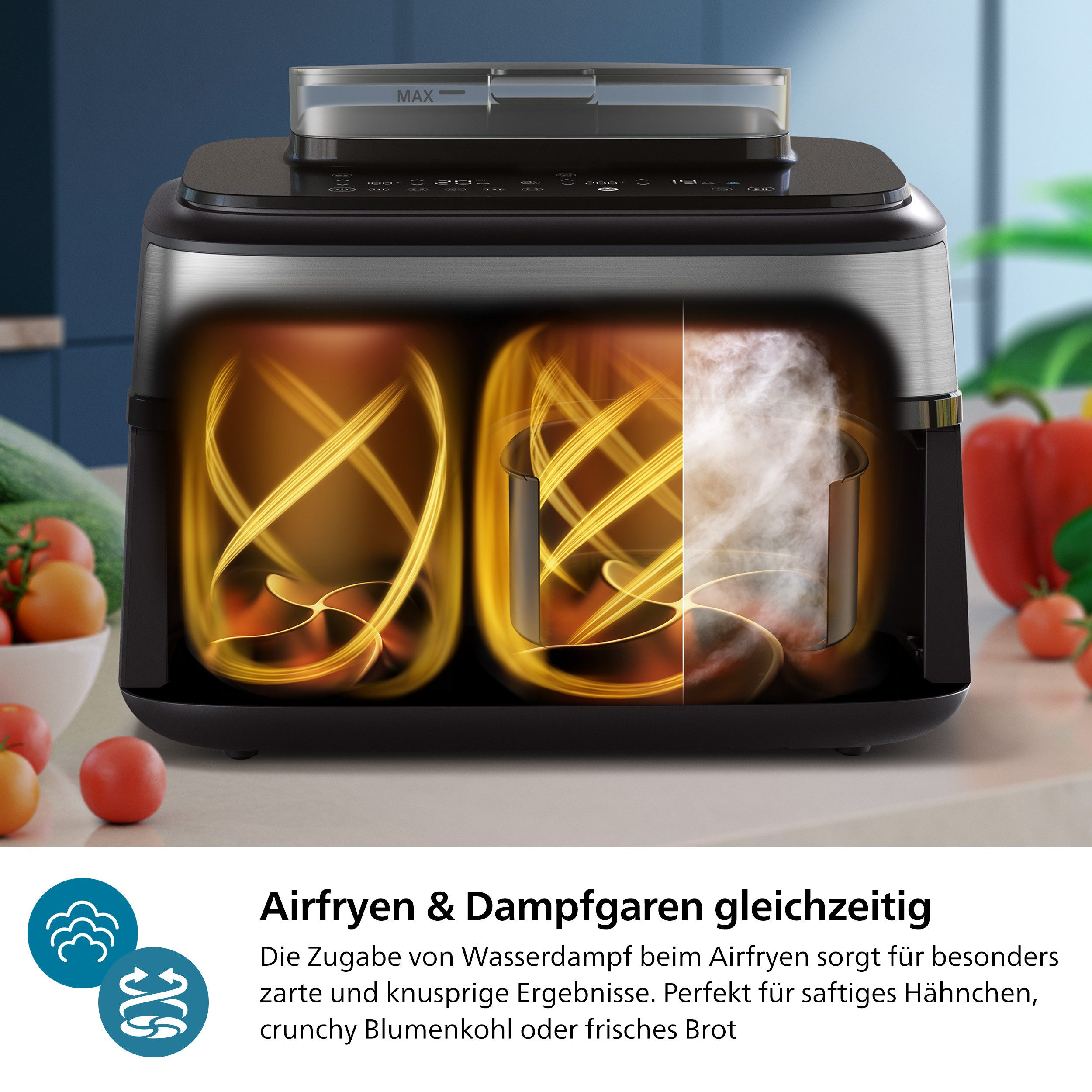 Philips Airfryer NA555/00 Steam Airfryer 5000 Series Dual Basket, 9L Kapazität (3L+6L)