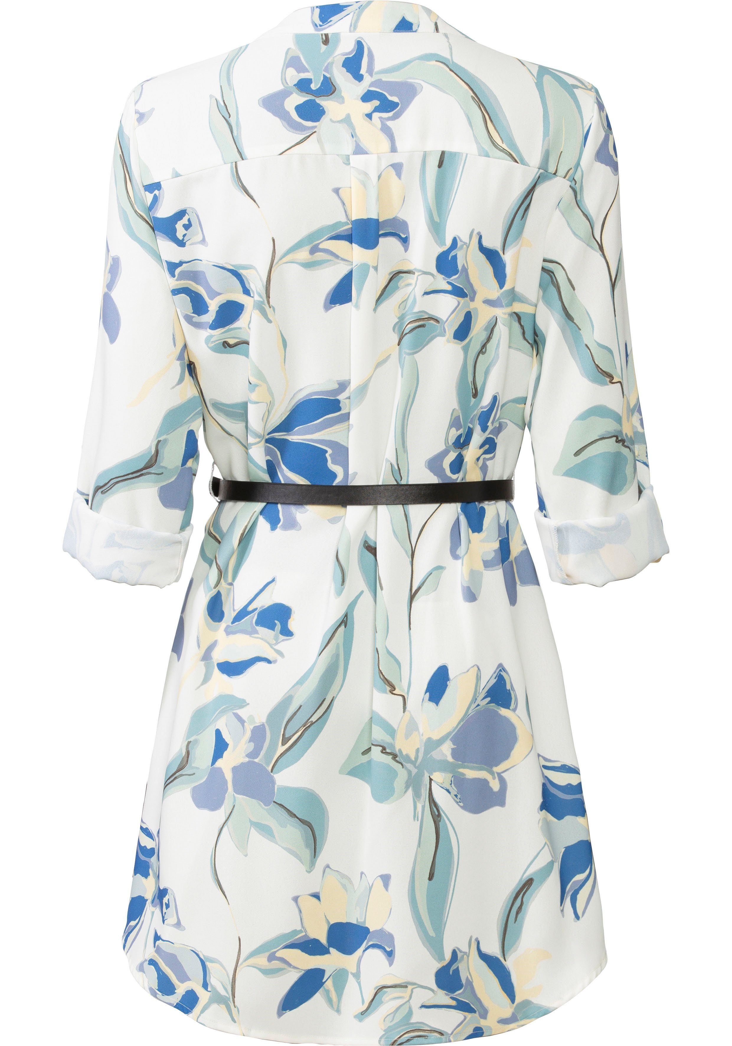 Lascana Lange blouse van kreukstof met bloemenprint, blousejurk (Met riem in leer-look)