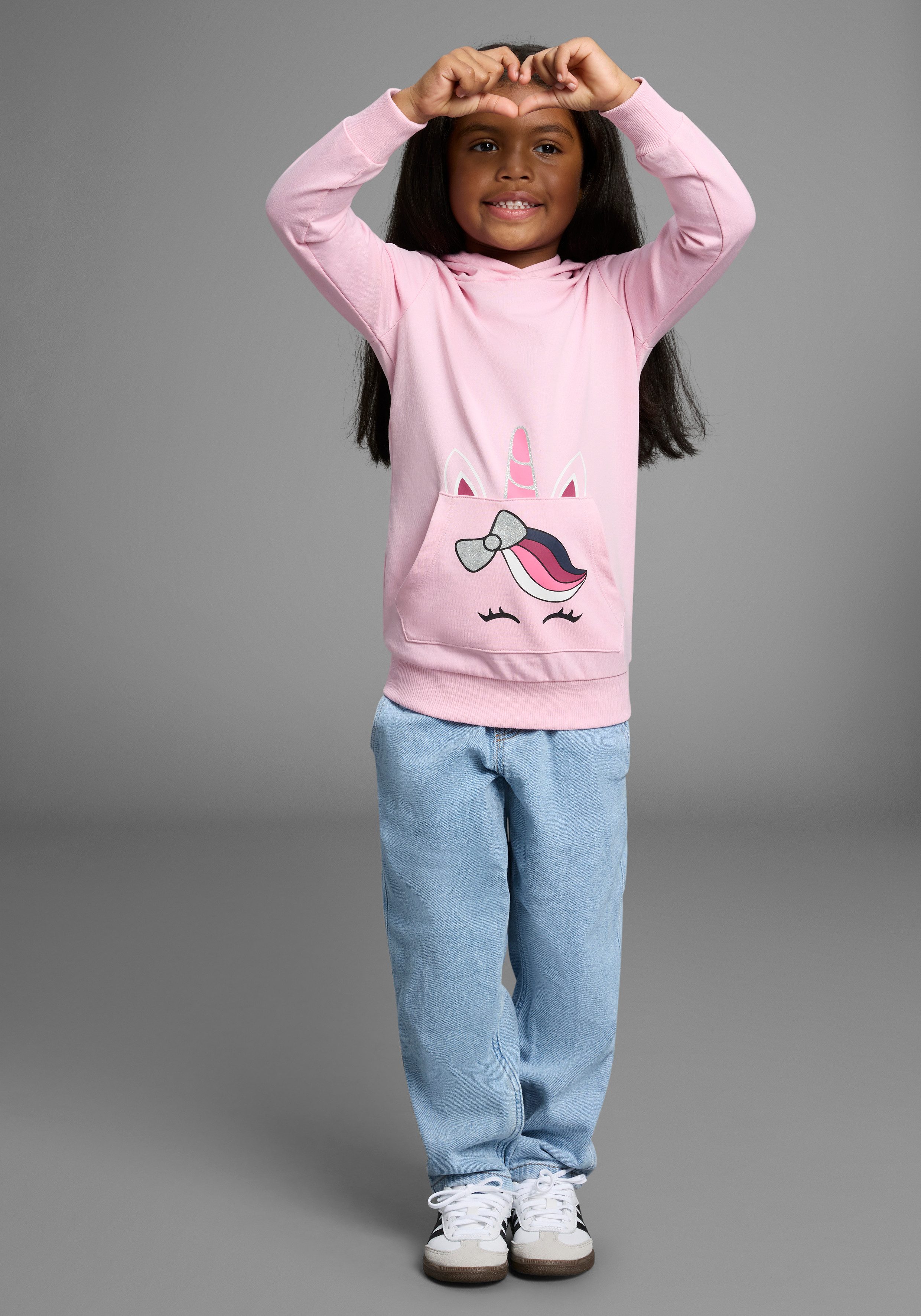 KIDSWORLD Hoodie Long sweatshirt with cute unicorn Lange mouwen, basic pasvorm, bedrukt, met capuchon, van katoen
