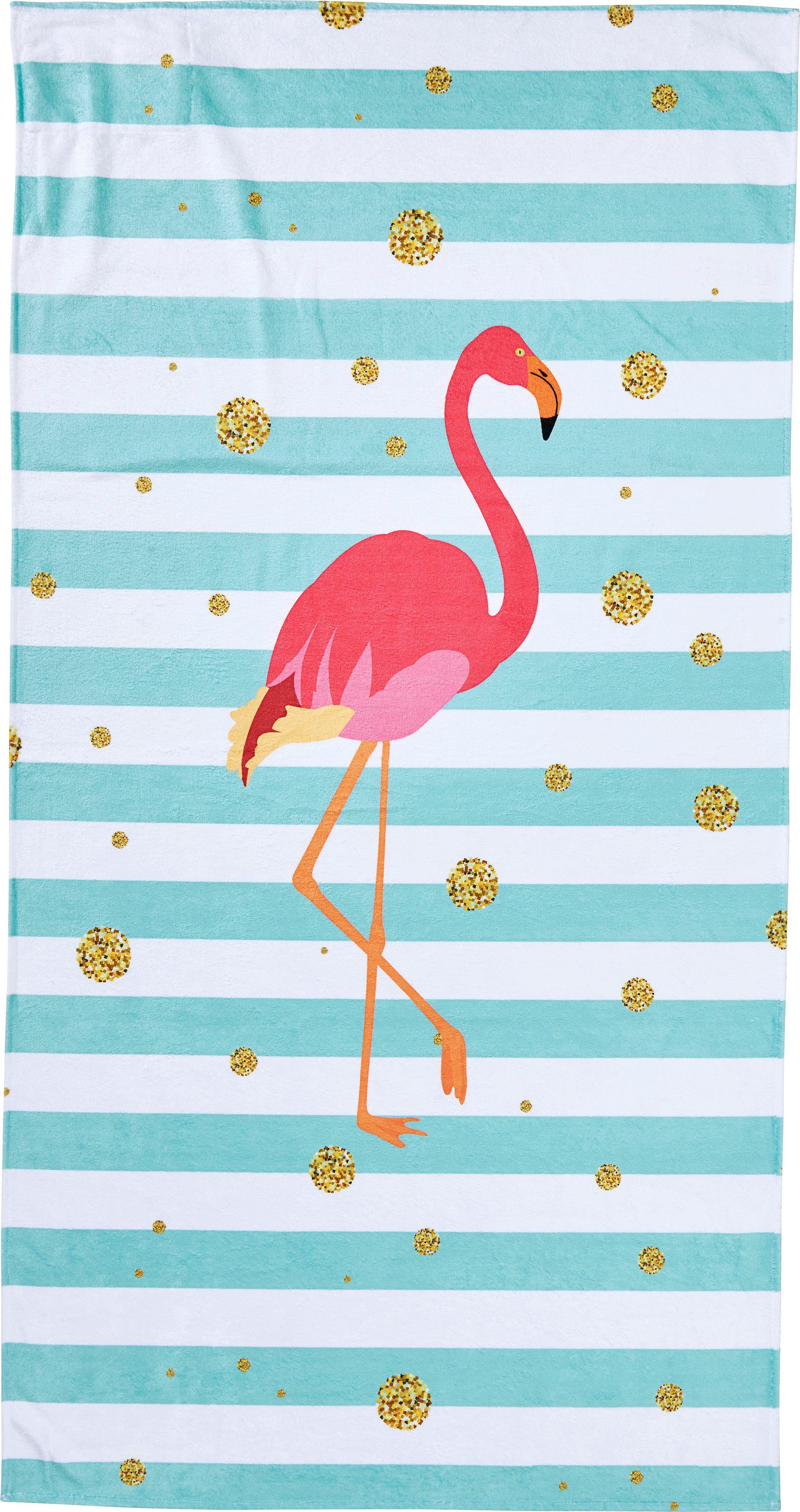 done.® Strandlaken Flamingo gestreept & motief, met ritszak voor waardevolle spullen (1 stuk)