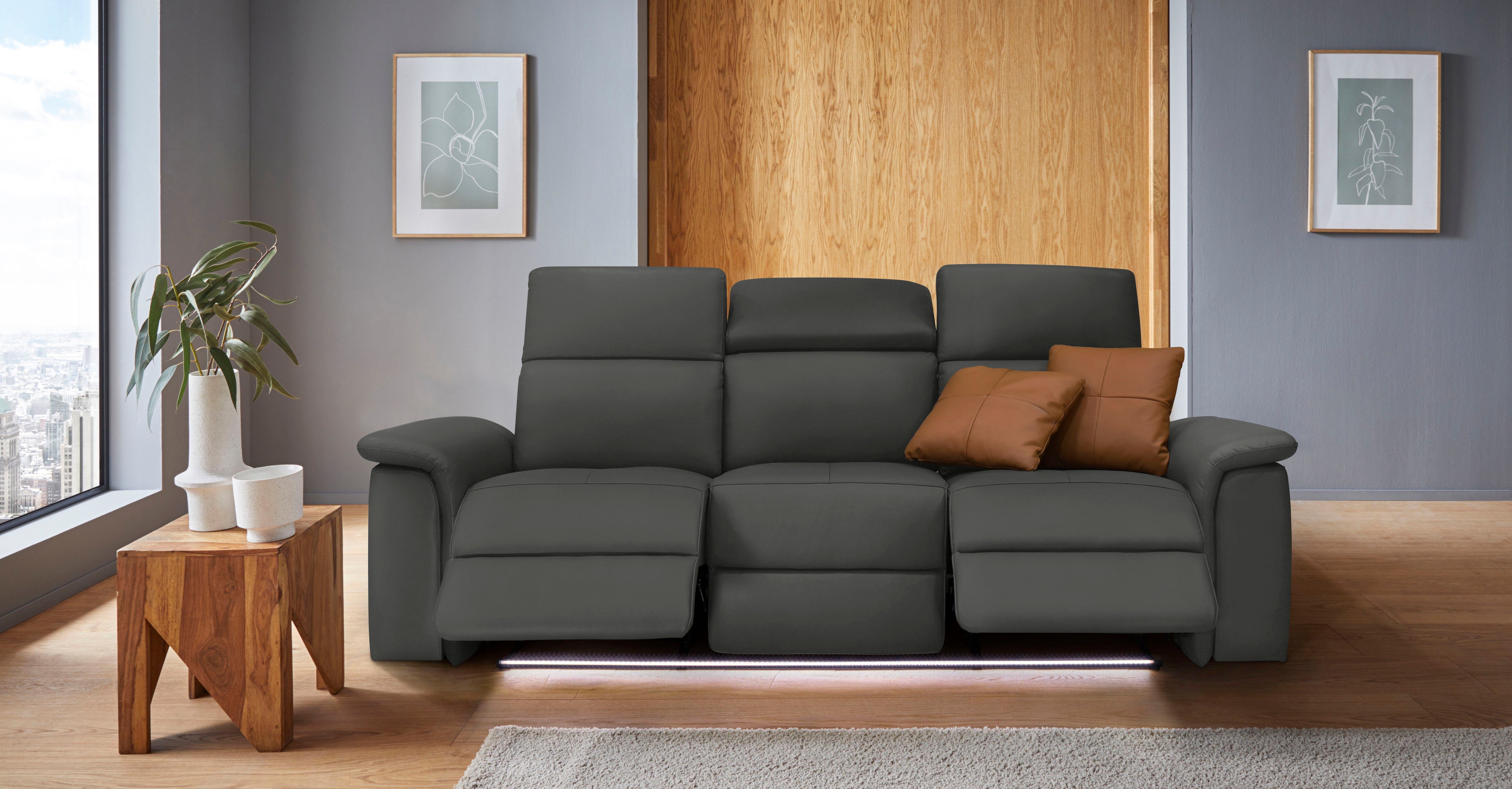 Places of Style 3-zitsbank Pareli 229 cm, handmatige en elektrische relaxfunctie in 2 zits USB, verstelbare hoofdsteun, LED-verlichting, in echt leer, kunstleer, geweven stof