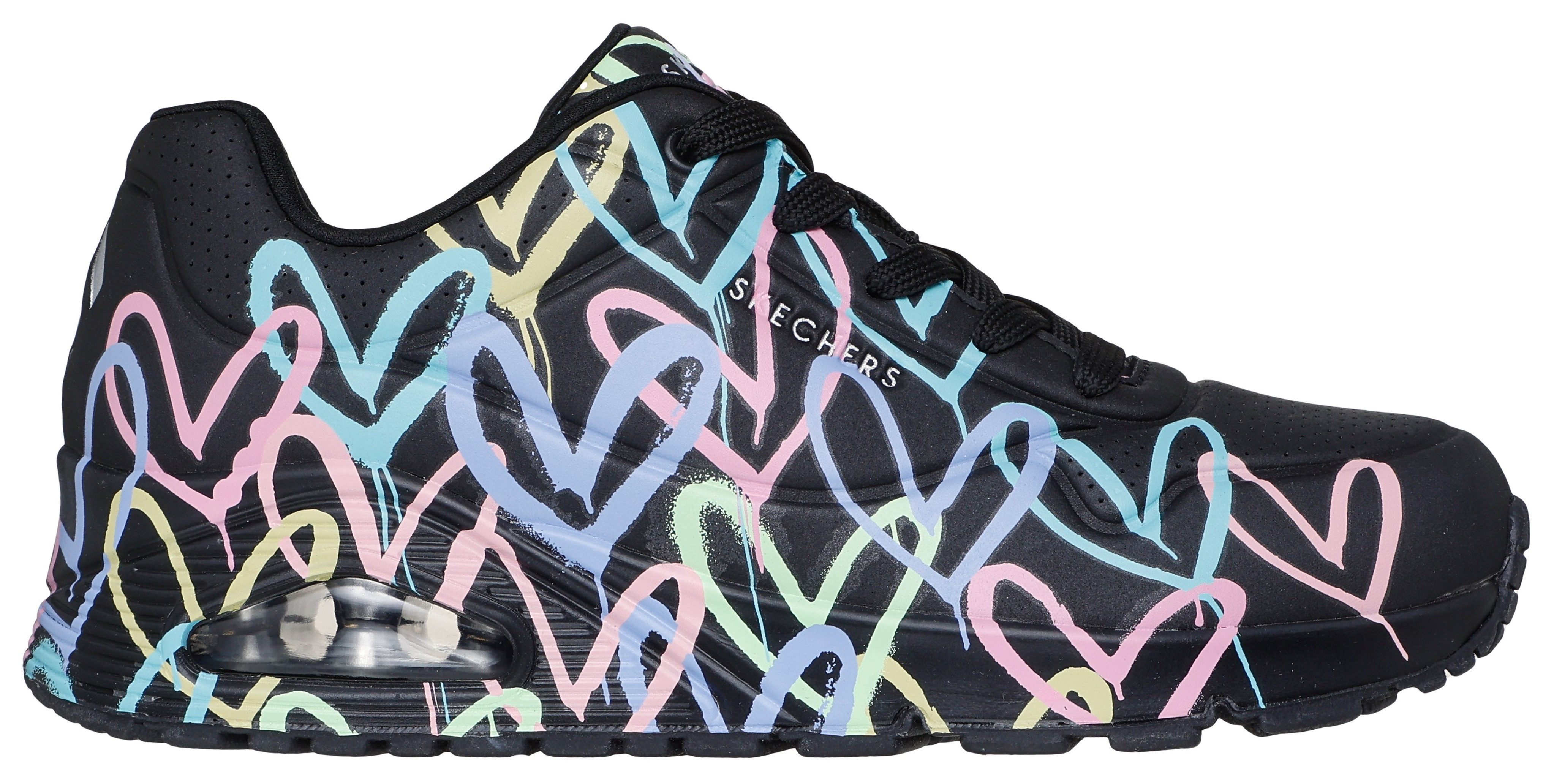 Skechers Sneakers met sleehak UNO-SPREAD THE LOVE Vrijetijdsschoen, lage schoen, veterschoen met coole graffiti-print