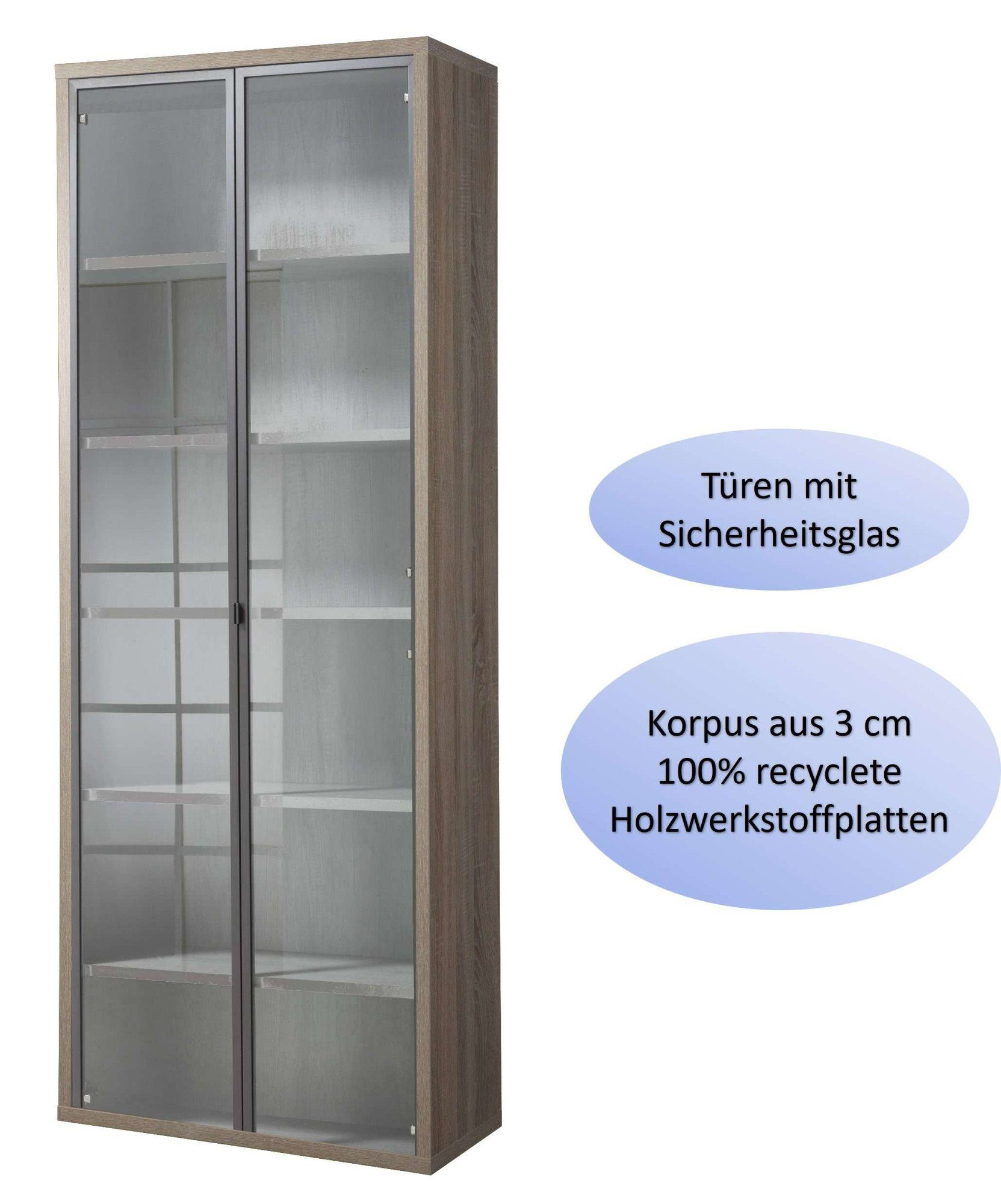Composad Archiefkast DISEGNO, boekenkast met 2 glasdeuren, verstelbare planken, hoogte 217 cm, 100% gerecycled hout, made in italy