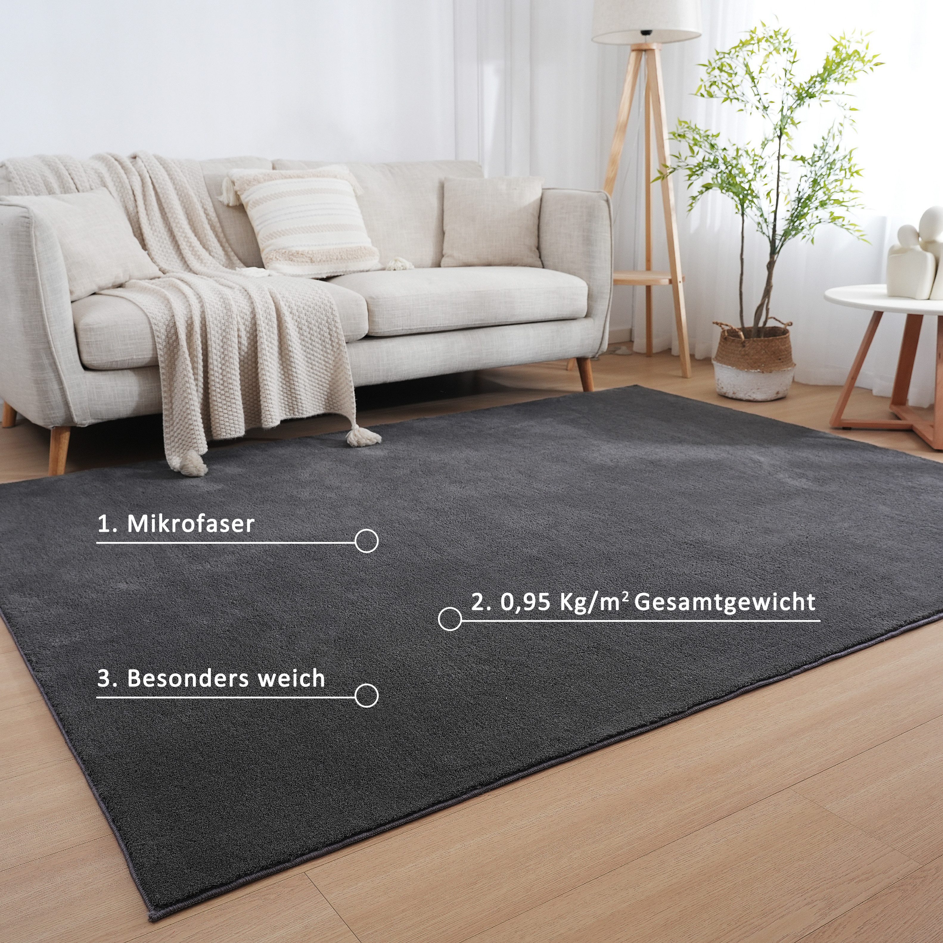 my home Vloerkleed Cali light, weich, modern, waschbar Effen kleuren, knuffelig en zacht, wasbaar, woonkamer, slaapkamer