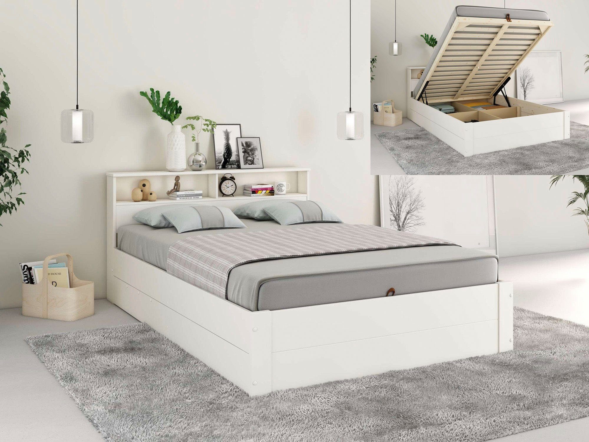 Home affaire Ledikant met bergruimte MAREILLES, bedlade met praktische indeling zorgt voor orde Massief hout, hefmechanisme, opbergruimte in het hoofdeinde en onder het bed