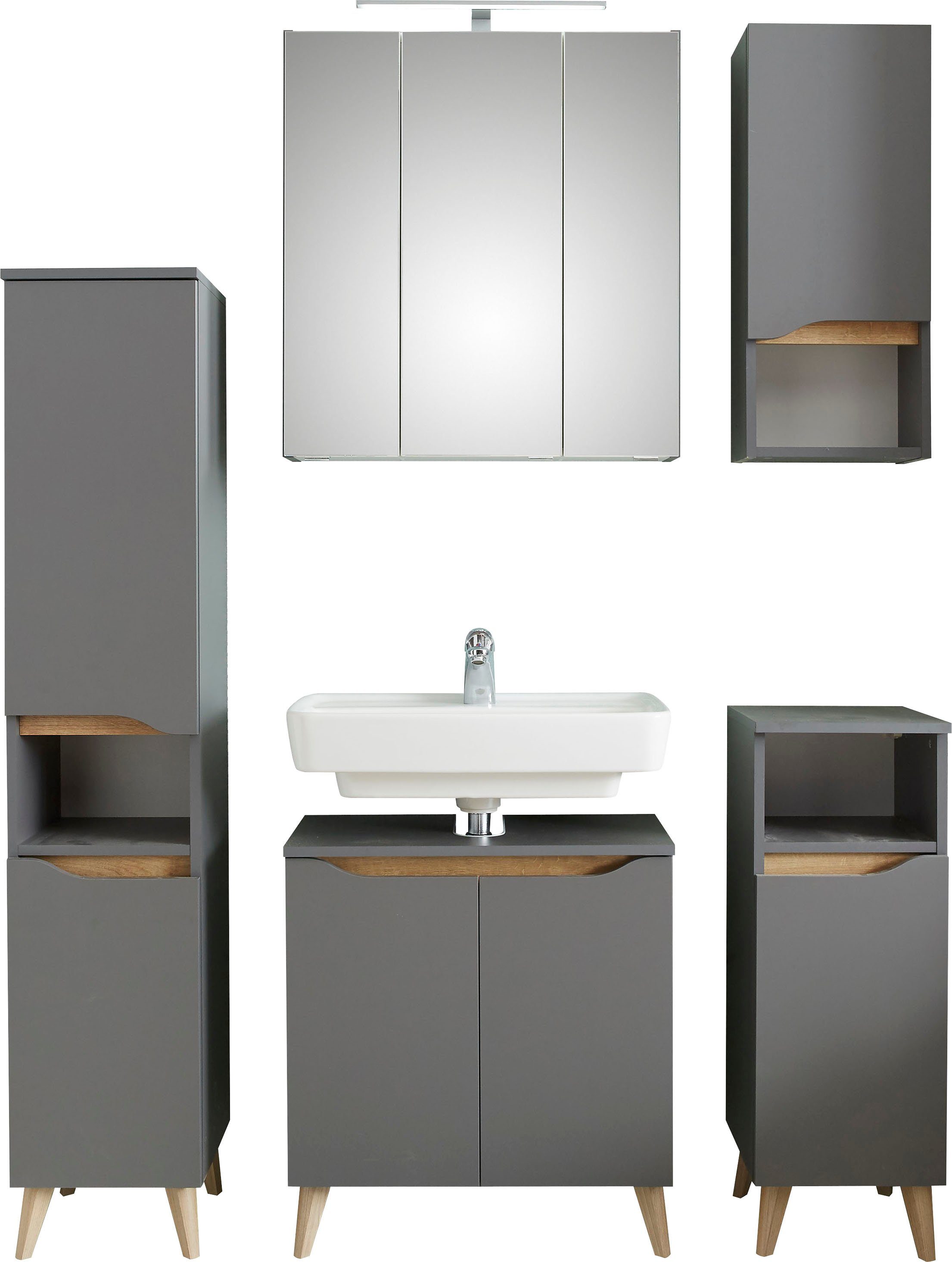 Saphir Badkamerserie Quickset 5-delige wastafelonderkast en LED-spiegelkast Halfhoge kast, onderkast, hangkast, incl. deurdemper, 9 deuren (5-delig)